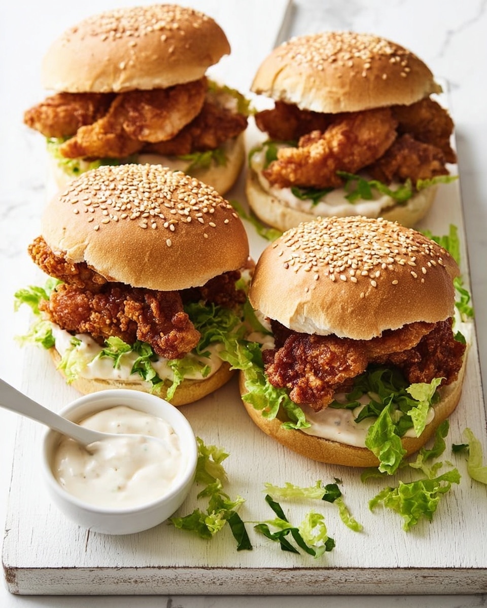 Four fried chicken sandwiches are arranged on a white wooden board with a bowl of creamy white sauce and a white spoon beside them. Each sandwich has three main layers: a sesame seed-topped, light brown bun on top, crispy golden-brown fried chicken pieces in the middle, and fresh green lettuce with a layer of pale sauce at the bottom on the white bun base. Some pieces of lettuce are scattered around the board, and the background shows a white marbled texture. photo taken with an iphone --ar 4:5 --v 7