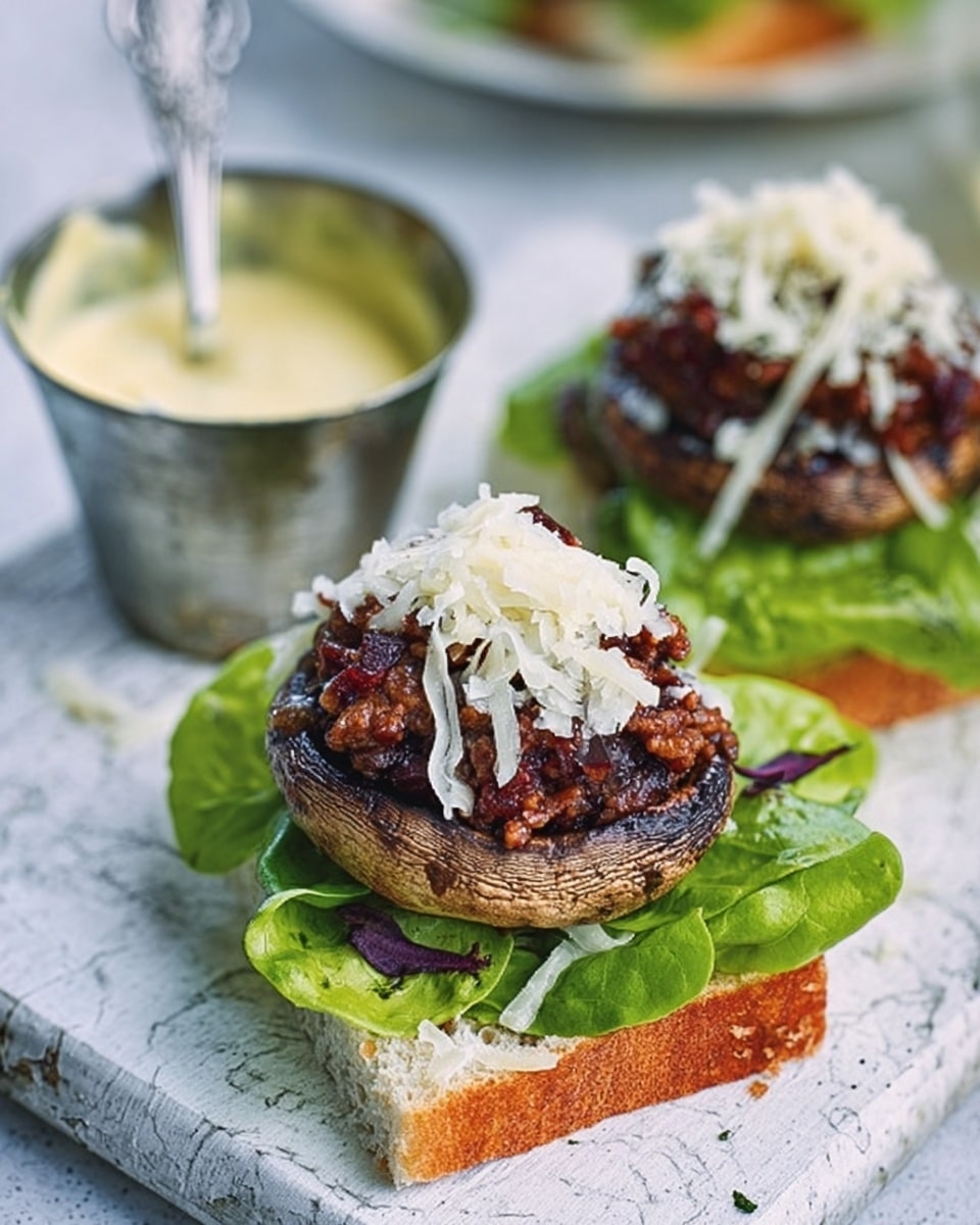 The image shows two open-faced sandwiches made with toasted white bread squares as the base, topped with fresh green lettuce leaves. On top of the lettuce, there are large grilled mushroom caps filled with dark red-brown cooked minced meat. Each mushroom is crowned with a generous pile of shredded white cheese, adding texture and contrast. The sandwiches are placed on a white surface with a marbled pattern. In the background, there is a metal cup containing a light yellow sauce with a spoon inside. The overall look is fresh and inviting, with a mix of green, brown, red, and white colors. Photo taken with an iphone --ar 4:5 --v 7