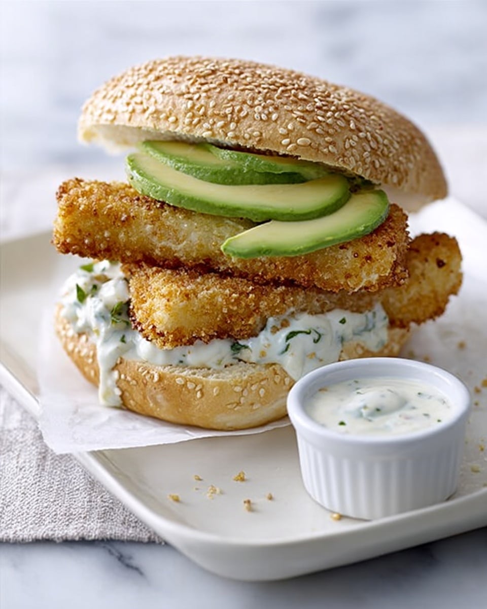 The image shows a sandwich on a white square plate with a white marbled surface background. The sandwich has three visible layers: the bottom layer is a soft sesame seed bun, on top of that is a layer of creamy white sauce with herbs, next there are two golden brown crispy fish sticks stacked slightly at an angle, and the top layer has several green avocado slices placed partly on the fish sticks. There is a small white cup next to the sandwich filled with the same creamy sauce. The photo taken with an iphone --ar 4:5 --v 7
