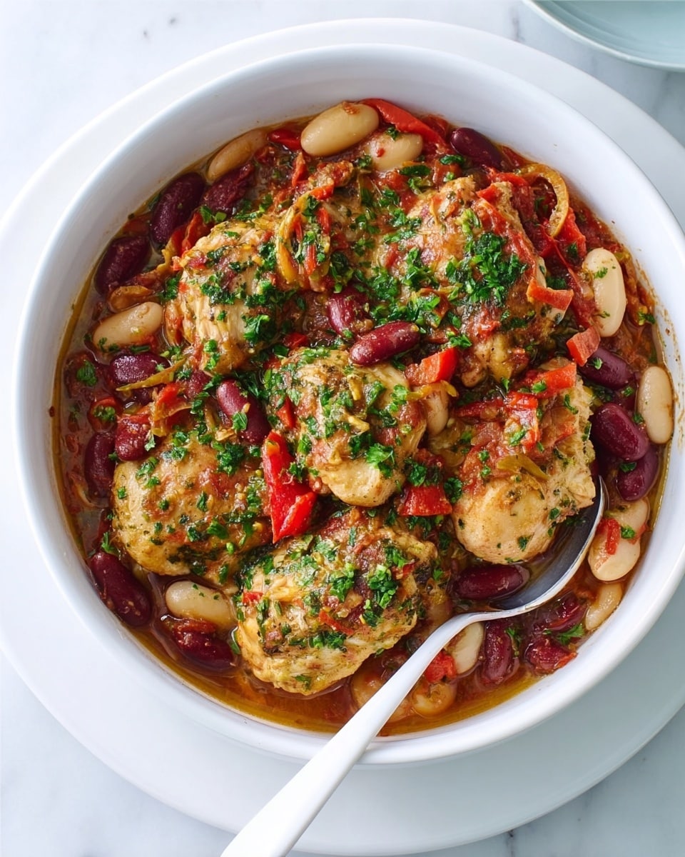 The image shows a white bowl filled with a stew featuring several pieces of cooked chicken on the top layer, covered with green chopped herbs. Beneath the chicken, layers of tender red kidney beans, large white beans, and diced red bell peppers are mixed with a rich, thick sauce that looks reddish-brown with a slightly chunky texture. A white spoon rests inside the bowl, partially submerged in the mixture. The bowl is placed on a white plate, all set on a white marbled surface. photo taken with an iphone --ar 4:5 --v 7