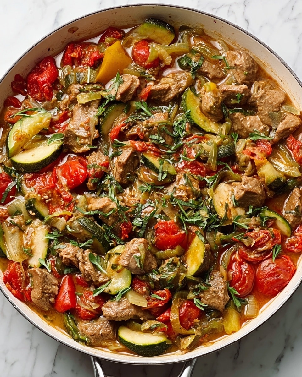 A white pan filled with a colorful stew sits on a white marbled surface. The dish has multiple layers: large pieces of cooked meat in brown color spread evenly, mixed with bright red tomato chunks, yellow and green zucchini slices, and translucent cooked onions. Fresh green herbs are scattered on top, adding brightness to the mix. The sauce is light brown, slightly covering all the ingredients, making the dish look warm and hearty. Photo taken with an iphone --ar 4:5 --v 7