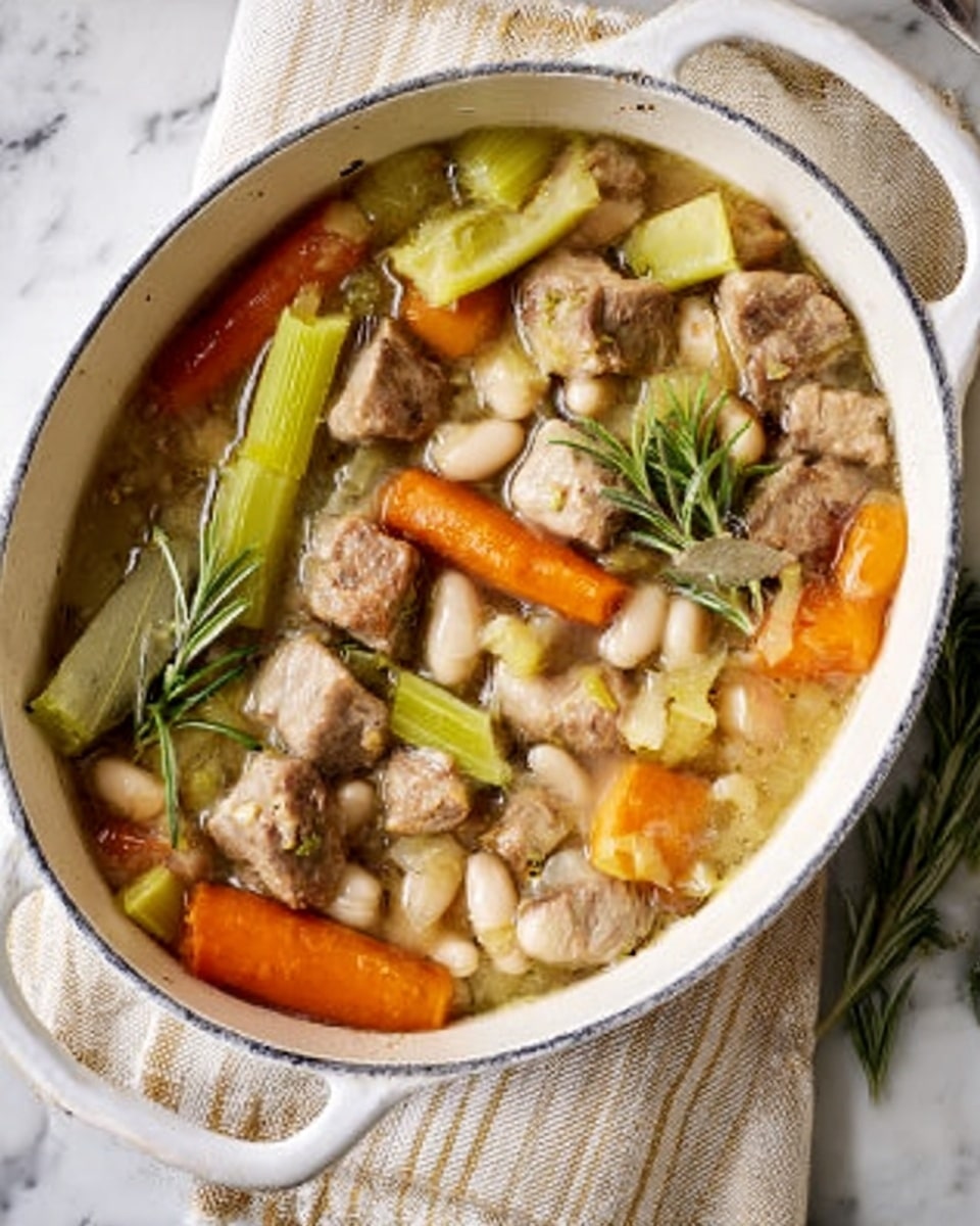 A white oval casserole dish filled with a stew showing chunky pieces of light brown cooked meat scattered throughout, large thick carrot pieces with an orange color, and big light green and pale yellow leek segments, mixed with white beans. The broth is light and clear, partially covering the ingredients, and small green sprigs of rosemary rest on top. The dish sits on a white marbled surface with a beige and white striped cloth partially visible under the casserole. Photo taken with an iphone --ar 4:5 --v 7