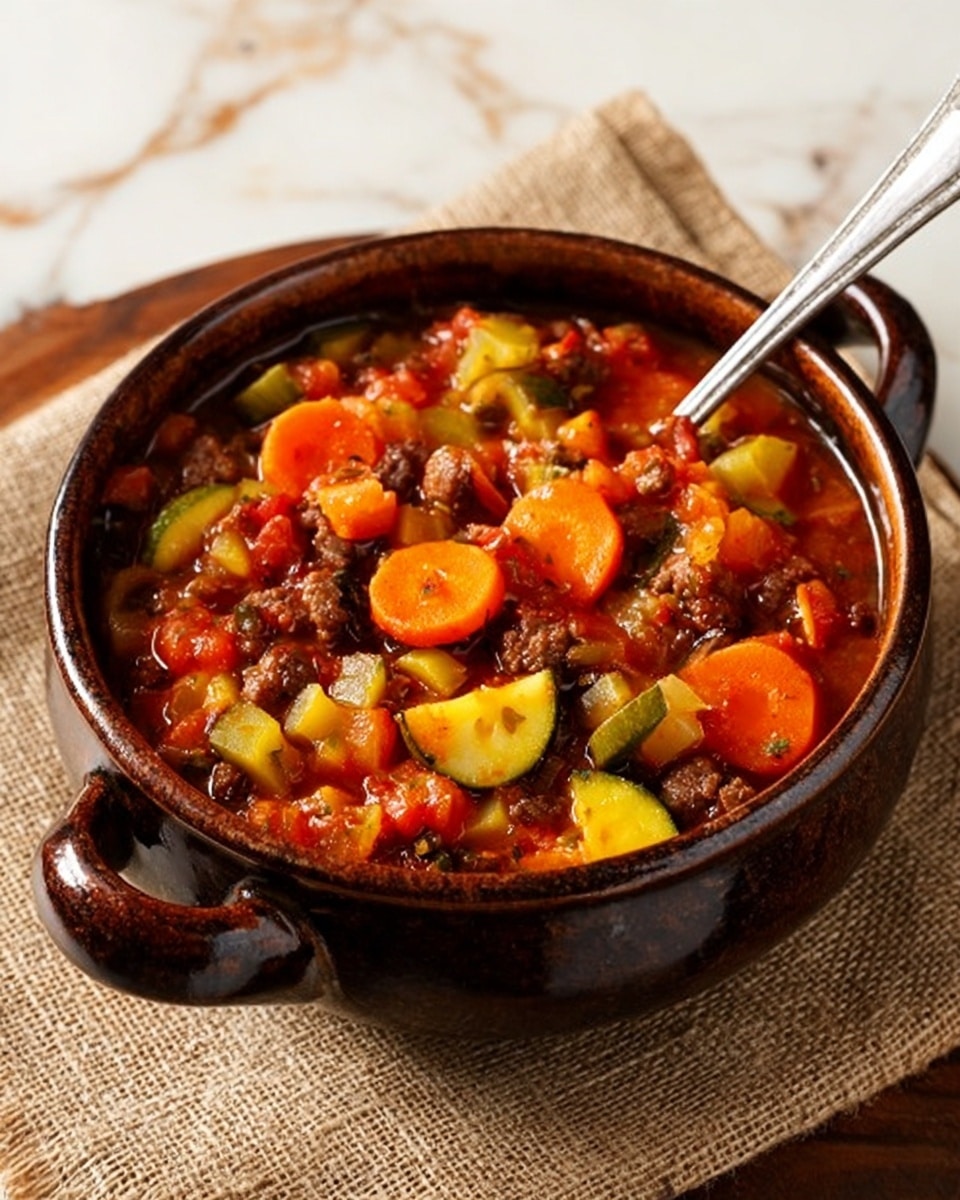 A dark brown ceramic bowl with two handles is filled with a colorful vegetable and meat stew. The stew has visible rounds of orange carrots, pale green celery slices, yellow zucchini pieces, and small chunks of browned meat mixed in a rich, red tomato-based broth. A metal spoon rests in the bowl, its handle leaning against the rim. The bowl sits on a coarse beige cloth on a white marbled surface. photo taken with an iphone --ar 4:5 --v 7