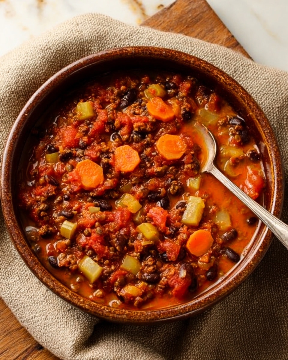 A deep brown ceramic bowl filled with a thick stew showing three visible layers: a base layer of small dark beans and bits of ground meat, a middle layer with chunky orange carrot slices and pale green celery pieces, and a top layer of bright red tomato chunks and sauce. The stew looks rich and slightly oily, with a spoon dipped into it on the right side. The bowl is placed on a textured beige fabric that lies over a white marbled surface. photo taken with an iphone --ar 4:5 --v 7