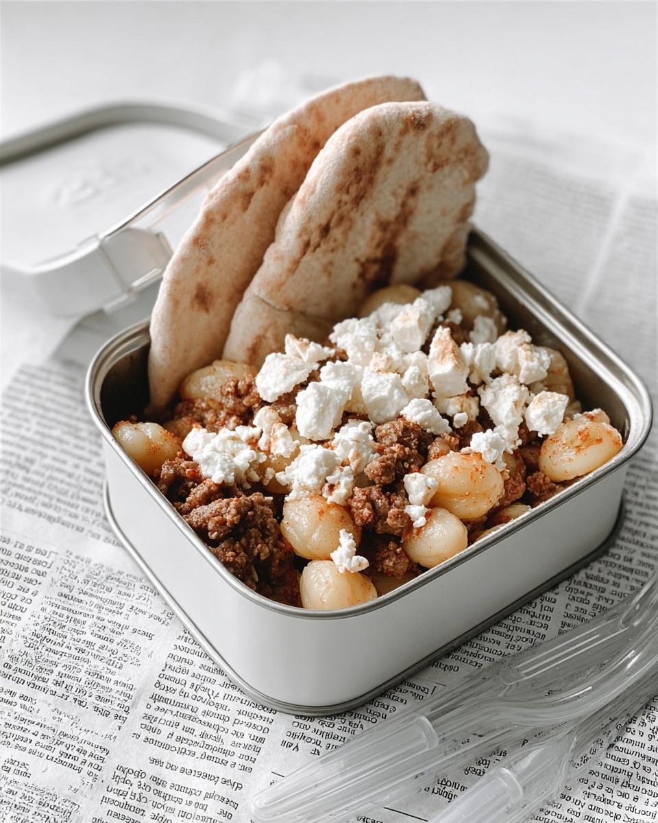The image shows a white metal lunch box filled with a layered dish. The bottom layer consists of small browned meat pieces mixed with cooked gnocchi, showing a golden-brown color and soft texture. On top, there are small crumbles of white cheese scattered across the dish. Two pieces of pita bread, light brown and fluffy, are placed upright on one side of the lunch box. The lunch box is set on a white marbled surface covered with rows of newspaper. Four clear plastic forks are placed near the lunch box. photo taken with an iphone --ar 4:5 --v 7