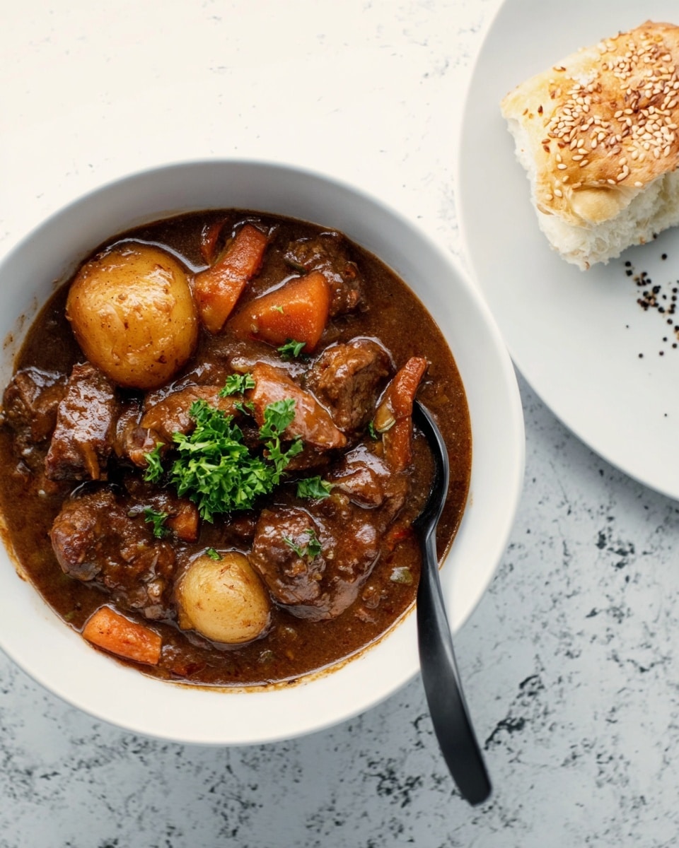 A white bowl filled with a thick brown stew with visible chunks of tender meat, orange carrot pieces, whole small potatoes, and a large piece of lighter potato or turnip, all coated in a rich, glossy sauce. On top, there is a small bunch of fresh green parsley and a sprinkle of cracked black pepper. A black spoon is partially dipped inside the stew. Next to the bowl, a white plate holds a piece of bread with a golden-brown crust and sesame seeds. The background is a white marbled texture. photo taken with an iphone --ar 4:5 --v 7
