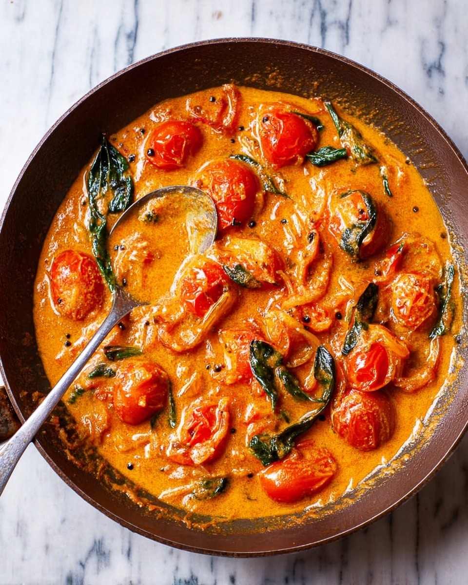 The image shows a close-up of a dark brown pan filled with a rich, thick orange curry sauce. Inside the sauce, there are bright red tomato chunks scattered throughout, along with several whole cherry tomatoes and glossy dark green leaves. The sauce looks creamy with some small black mustard seeds visible, and there are translucent light brown onion slices mixed in. A metal spoon is resting inside the pan on the left side. The pan is placed on a surface with a white marbled texture. photo taken with an iphone --ar 4:5 --v 7