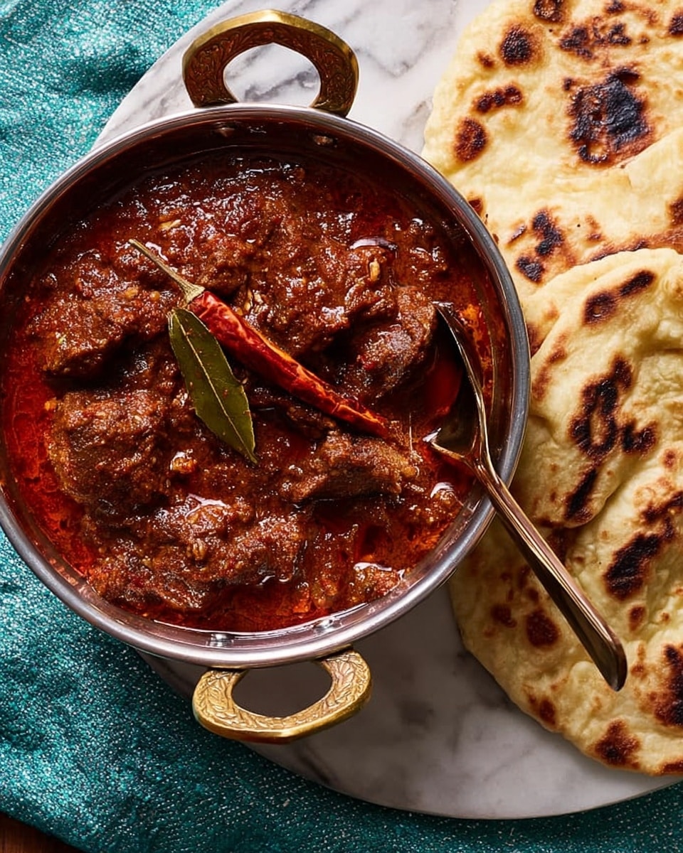 A round metal bowl with golden handles filled with a thick, dark red curry containing large chunks of meat and visible bay leaves and a whole dried red chili on top. A gold and black spoon rests inside the bowl. To the right, several pieces of flatbread with dark char marks lie on a round white plate. The scene sits on a white marbled surface with a folded turquoise cloth partially visible at the bottom left corner. photo taken with an iphone --ar 4:5 --v 7