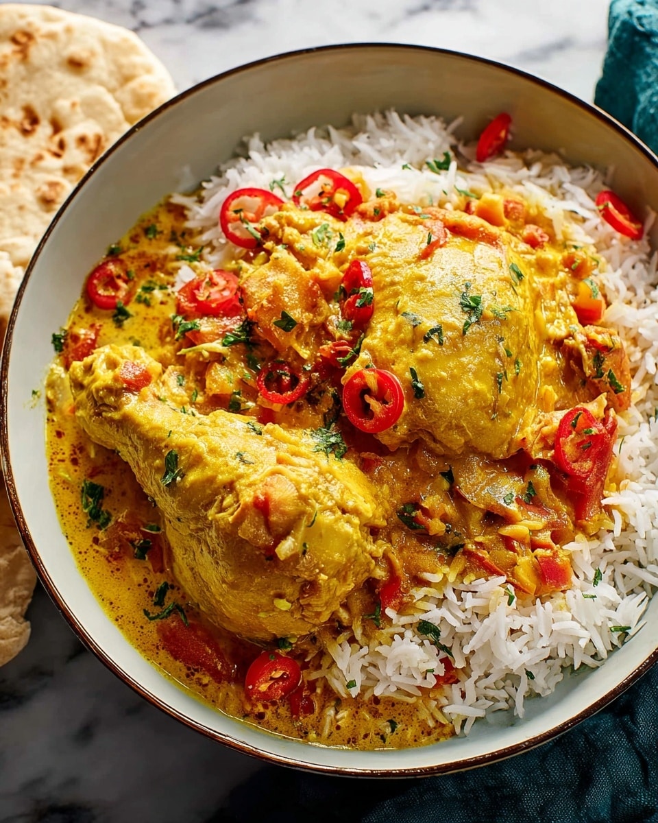 A white bowl filled with a layer of white rice covering the bottom and sides, topped with two large pieces of yellow chicken curry. The curry has a creamy and slightly chunky texture with visible small bits of vegetables and spices, scattered bright red chili slices, and sprinkled chopped green herbs on top. The bowl is set on a white marbled surface with a piece of flatbread partially visible on the left side. photo taken with an iphone --ar 4:5 --v 7