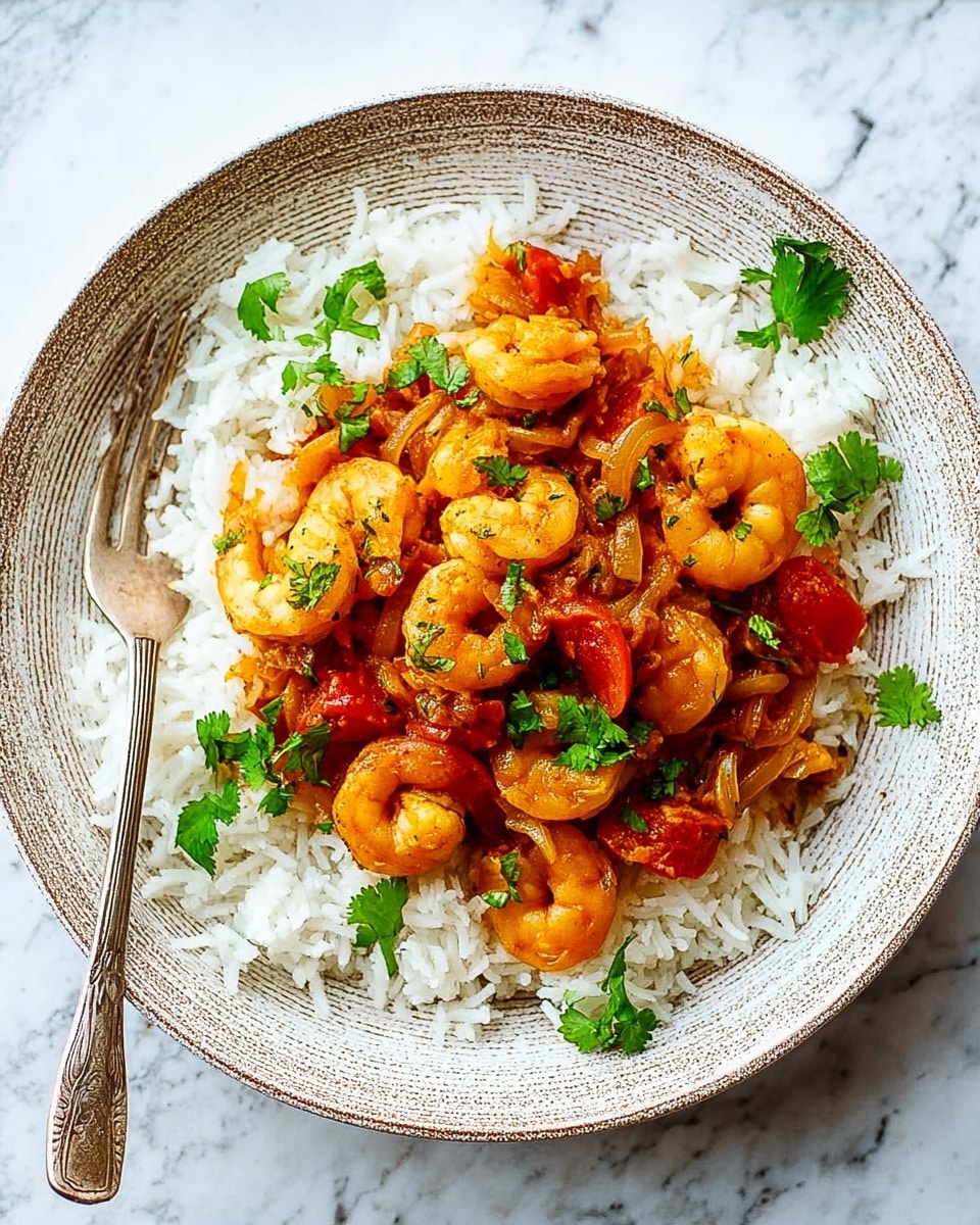 A white speckled plate holds a serving of white long-grain rice as the bottom layer, with a rich reddish-brown shrimp curry on top, featuring plump orange shrimp, slices of mushrooms, and bits of onions, all coated in a thick sauce. Fresh green coriander leaves are scattered on top, adding a bright contrast. To the left side of the plate, a silver fork rests partially on the rice. The plate is placed on a white marbled surface with some greenery in the top right corner. photo taken with an iphone --ar 4:5 --v 7