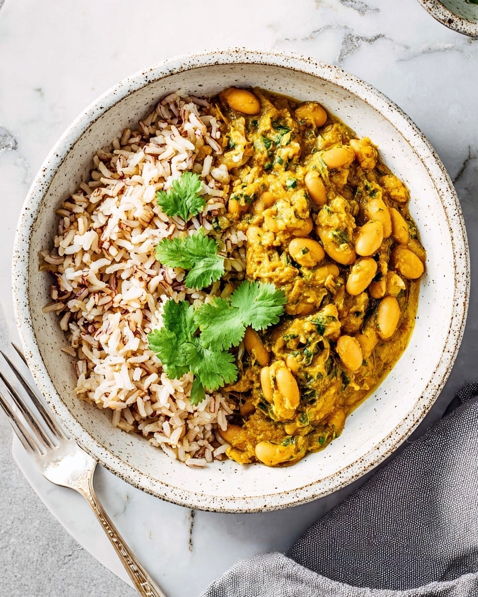 A white bowl with speckled edges contains two main parts: on the left side, a layer of mixed brown and white rice with a fluffy texture, and on the right side, a thick, yellowish-brown curry with large white beans and green herbs mixed in. Three fresh green cilantro leaves rest on top, near the center of the bowl where the two parts meet. The bowl sits on a white marbled surface with a white fork on the bottom left and a folded grey cloth on the right side. Photo taken with an iphone --ar 4:5 --v 7