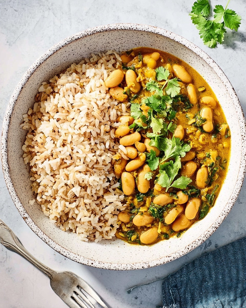 A round white bowl with speckled edges holds two main layers side by side: on the left, a mound of light brown rice with some white grains mixed in, showing fluffy and separate grains, and on the right, a thick, golden-yellow bean curry with many whole white beans and green leafy herbs mixed in, topped with fresh cilantro leaves for garnish. The bowl sits on a white marbled surface with a white fork placed below on the left and a folded blue cloth napkin on the right. photo taken with an iphone --ar 4:5 --v 7