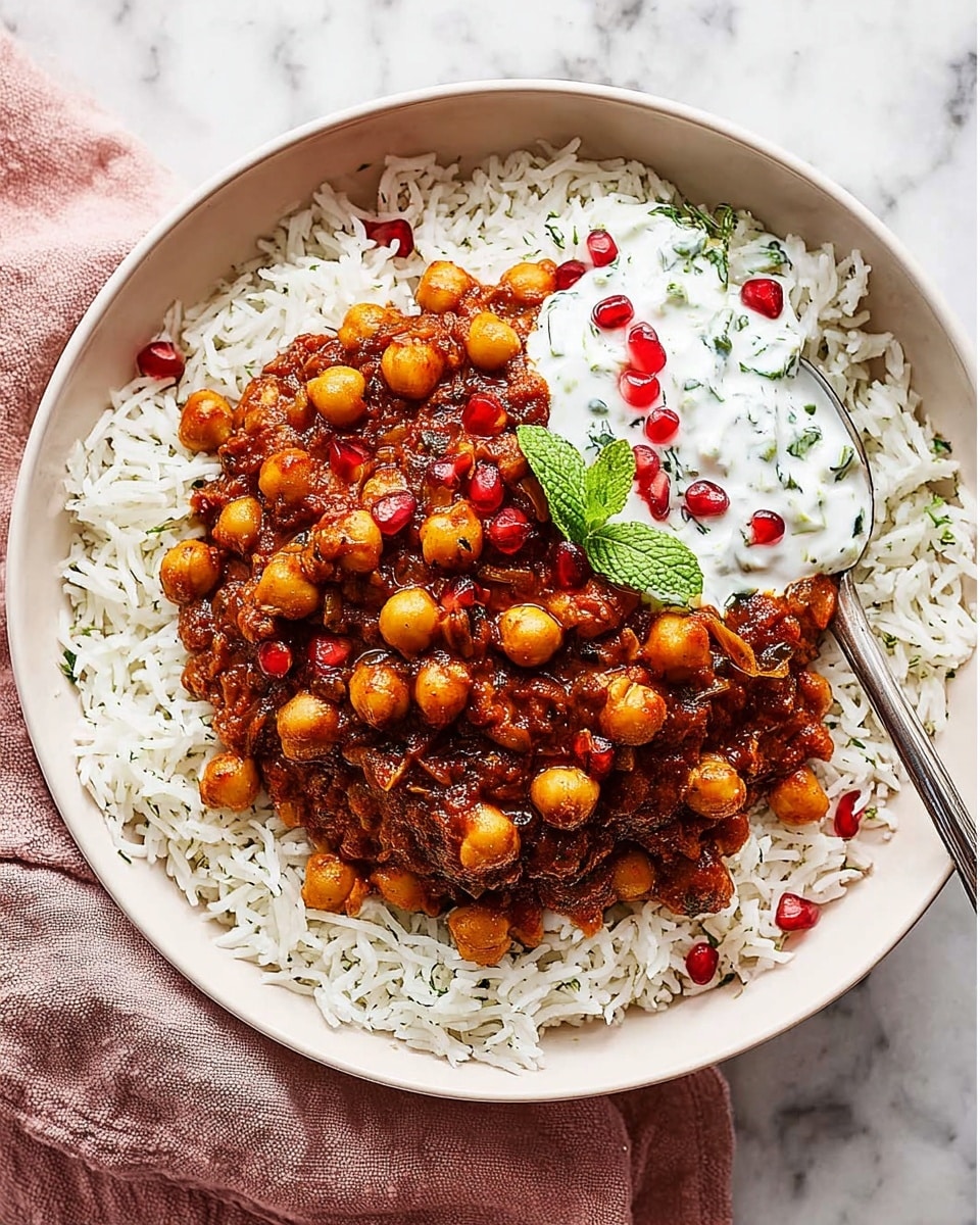 A white bowl filled with a base layer of fluffy white rice spread evenly around the bottom and sides. On top of the rice sits a thick, textured layer of reddish-brown chickpea curry with visible whole chickpeas and small pieces of herbs mixed in, slightly glossy with sauce. A dollop of white yogurt mixed with small green herbs rests on one side of the bowl, garnished with a few bright red pomegranate seeds and a small fresh green mint leaf. A spoon is placed inside the bowl, near the edge. The bowl is set on a white marbled surface with a soft pink cloth partially visible underneath. Photo taken with an iphone --ar 4:5 --v 7
