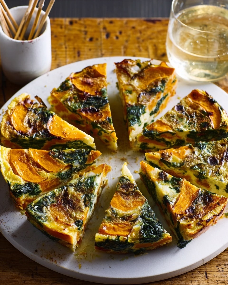 A white round plate holds twelve slices of a layered vegetable frittata arranged in a circle. Each slice shows visible layers of orange sweet potatoes, green leafy spinach, and a yellow egg mixture that is slightly browned on top, with a firm texture. The frittata has a golden crust with small char marks, and herbs sprinkled over it. A clear glass filled with a light drink is placed near the plate on a wooden surface with toothpicks in a white cup beside it. Photo taken with an iphone --ar 4:5 --v 7