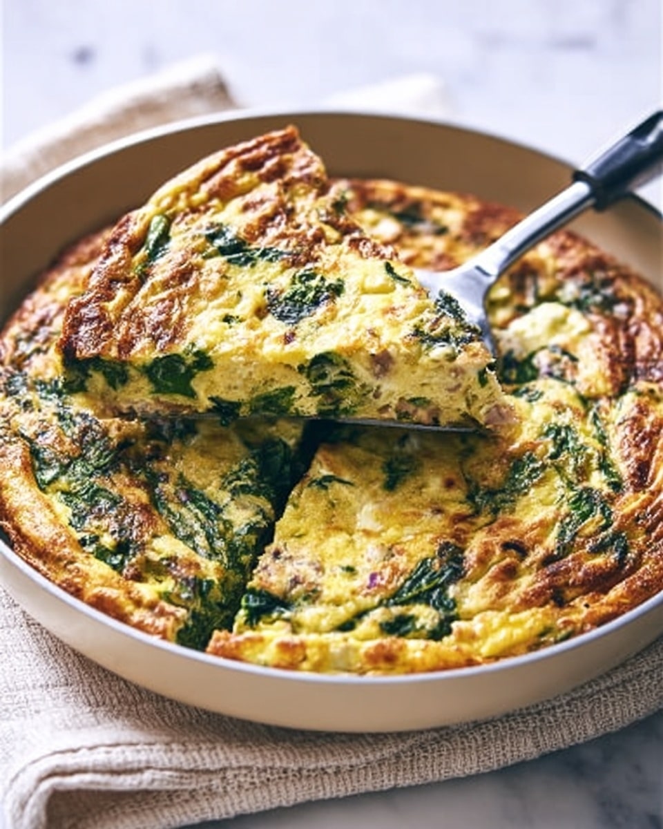A golden brown egg frittata with visible green spinach leaves mixed evenly throughout, creating a textured top layer with slight browning edges; the frittata sits inside a white round pan with a shiny metal spatula lifting a triangular slice, showing the soft, fluffy inside with green pieces and light yellow egg mixture. The pan rests on a cream cloth over a white marbled surface. Photo taken with an iphone --ar 4:5 --v 7