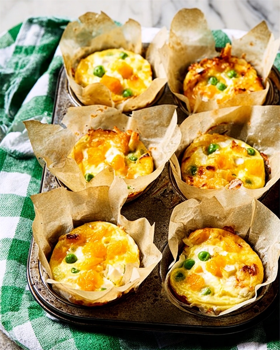 The image shows a muffin tin lined with rustic parchment paper cups, each holding a small, round baked egg dish with visible chunks of orange cheese, green peas, and bits of white egg. The muffins have a golden-yellow top with a slightly textured surface from the melted cheese and ingredients inside. The tin sits on a green and white checkered cloth that is draped over a white marbled surface, creating a cozy, homemade feel. Photo taken with an iphone --ar 4:5 --v 7