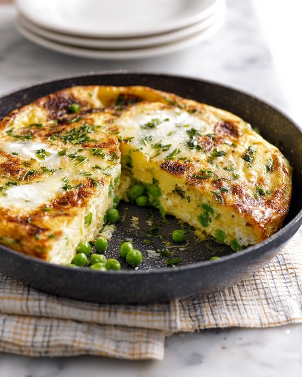 The image shows a black round pan on a white marbled surface with a folded checkered cloth underneath. Inside the pan is a thick, fluffy frittata with three visible layers: the top layer is golden brown with white melted cheese and small green herbs sprinkled across. Beneath, there is a creamy yellow egg layer with visible bright green peas scattered throughout. A wedge has been cut from the frittata, revealing the soft green peas inside. In the background, there is a white stack of plates slightly out of focus. Photo taken with an iphone --ar 4:5 --v 7