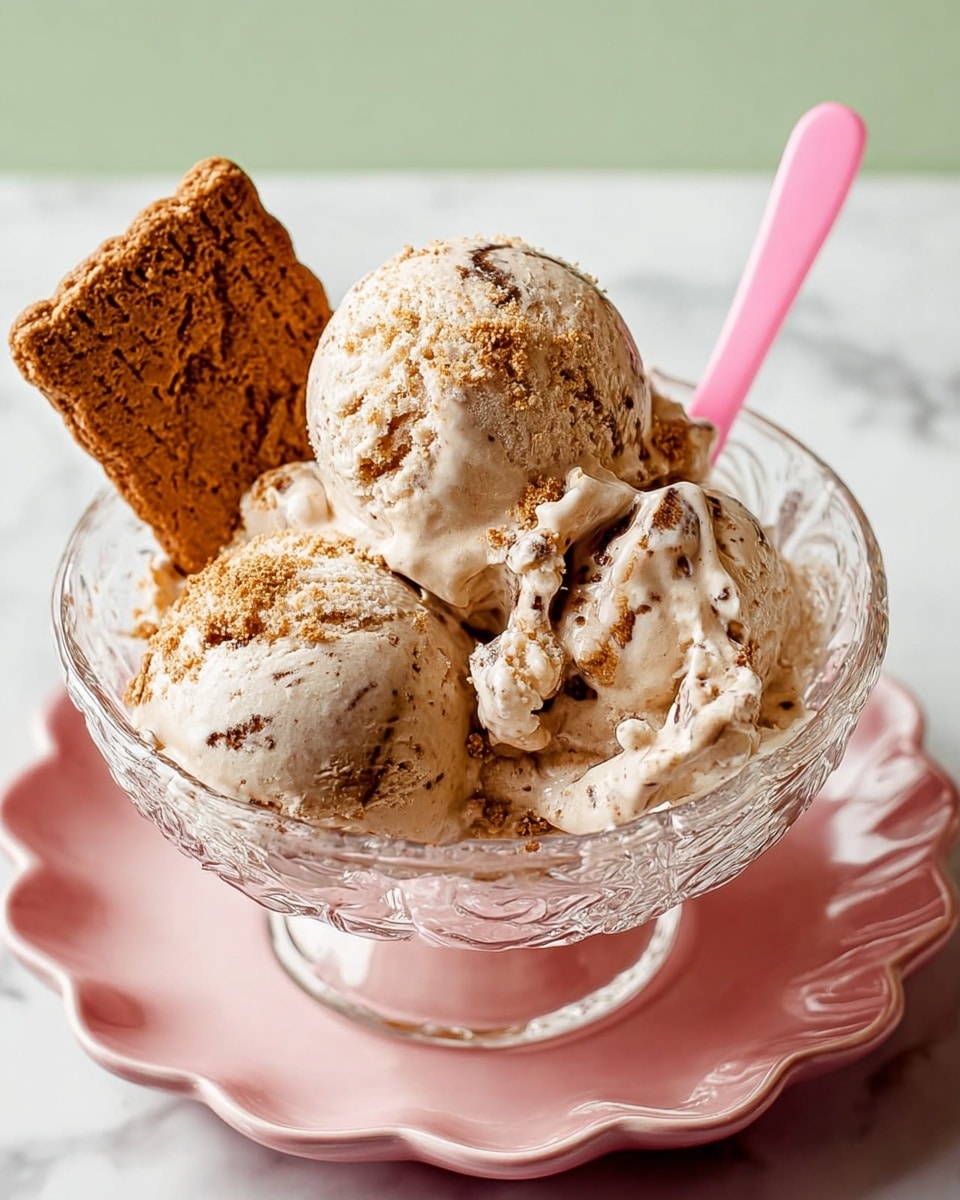 A glass bowl filled with three scoops of light brown, speckled ice cream with swirls of darker brown, showing a creamy, slightly textured surface. One scoop is topped with a crumbly biscuit piece that is darker brown and rectangular, resting upright on the left side. A pink spoon is placed in the bowl on the right side, its handle sticking out above the ice cream. The glass bowl sits on a large white plate with a scalloped edge, all set against a white marbled background. photo taken with an iphone --ar 4:5 --v 7