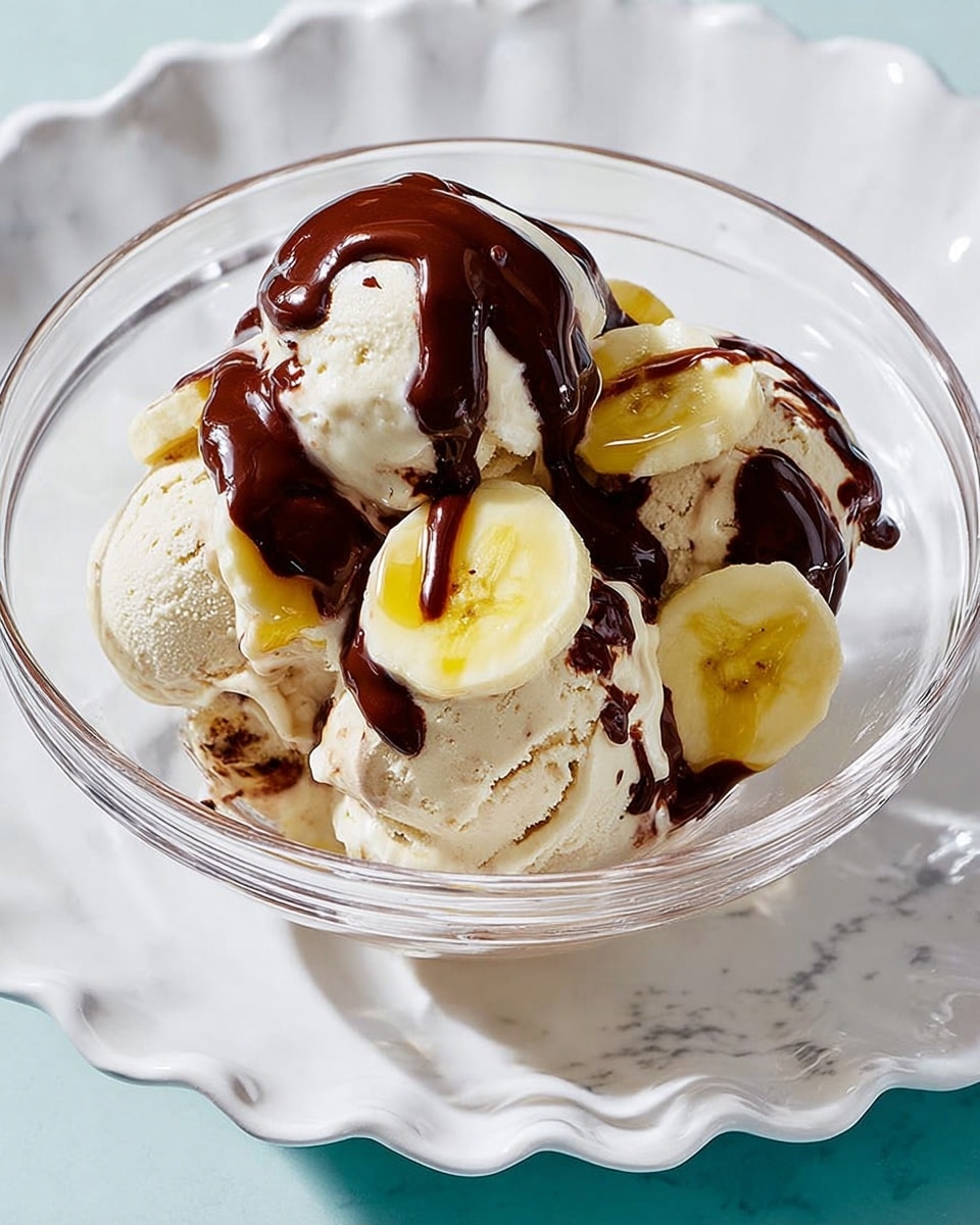 A clear glass bowl sits on a white scalloped plate, filled with three scoops of creamy vanilla ice cream that have a smooth, slightly melting texture. On top, there are five thick banana slices with a pale yellow color and soft texture placed evenly across the ice cream. Dark, glossy chocolate sauce is drizzled generously over the bananas and ice cream, creating thick, shiny streaks and pools that contrast with the light-colored ice cream and banana. The setting is on a white marbled surface with a soft, bright light highlighting the ice cream and chocolate sauce's creamy and rich textures, photo taken with an iphone --ar 4:5 --v 7