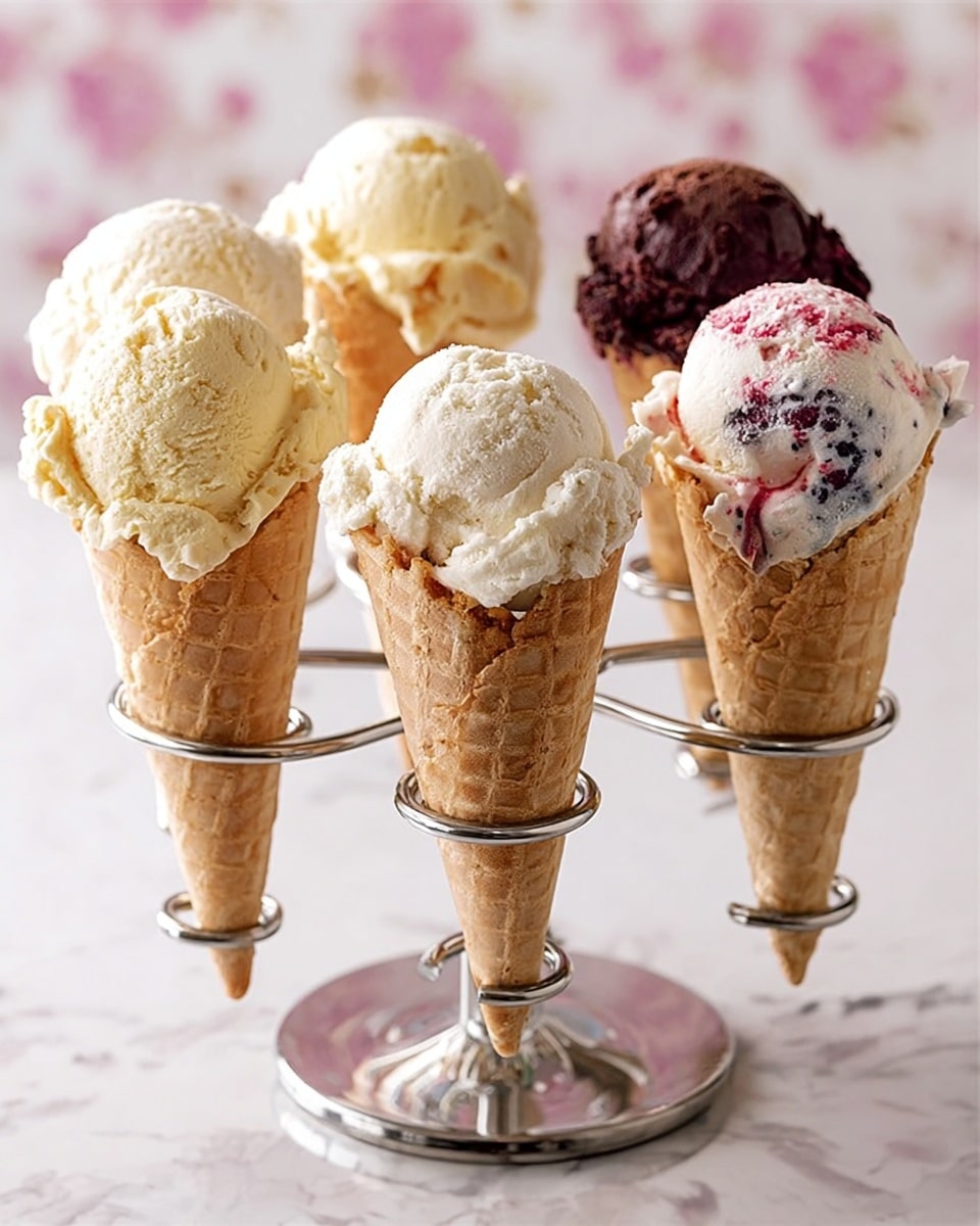 Six ice cream cones are held upright in a silver metal stand with circular holders. Each cone has one scoop of ice cream that shows different colors and textures: two are creamy white, one homemade with bits of fruit and a melting texture, one white with streaks of dark purple, another pale with swirls of red, and one dark brown and rich-looking, like chocolate. The cones are golden brown and waffle-style. The background is soft with a white marbled texture, and the whole image looks bright and fresh. Photo taken with an iphone --ar 4:5 --v 7
