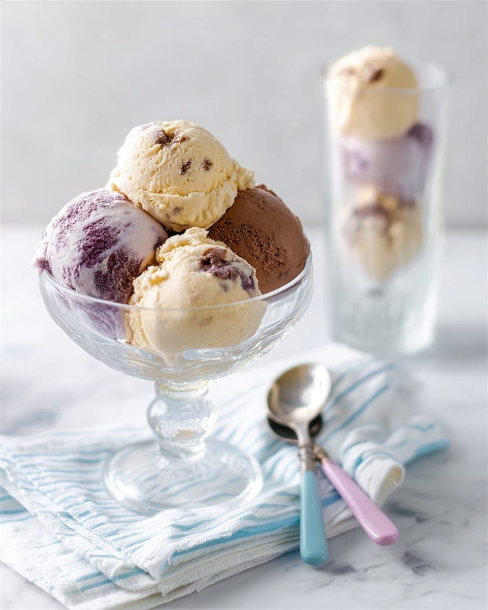 The image shows a clear glass dessert bowl filled with four scoops of ice cream, each scoop showing a different color and texture: a chocolate brown scoop at the bottom right, a light cream scoop with brown bits on top center, a cream scoop with purple swirls on the front left, and a pale beige scoop behind the purple one. The glass bowl sits on a white cloth napkin with thin blue stripes, placed on a white marbled surface. Behind the bowl, there is a tall clear glass filled with three more scoops of ice cream, matching the colors in the bowl, slightly out of focus. Two spoons with pastel pink and light blue handles rest beside the napkin. The lighting is bright and soft, highlighting the creamy texture of the ice cream and the glossy glassware. Photo taken with an iphone --ar 4:5 --v 7