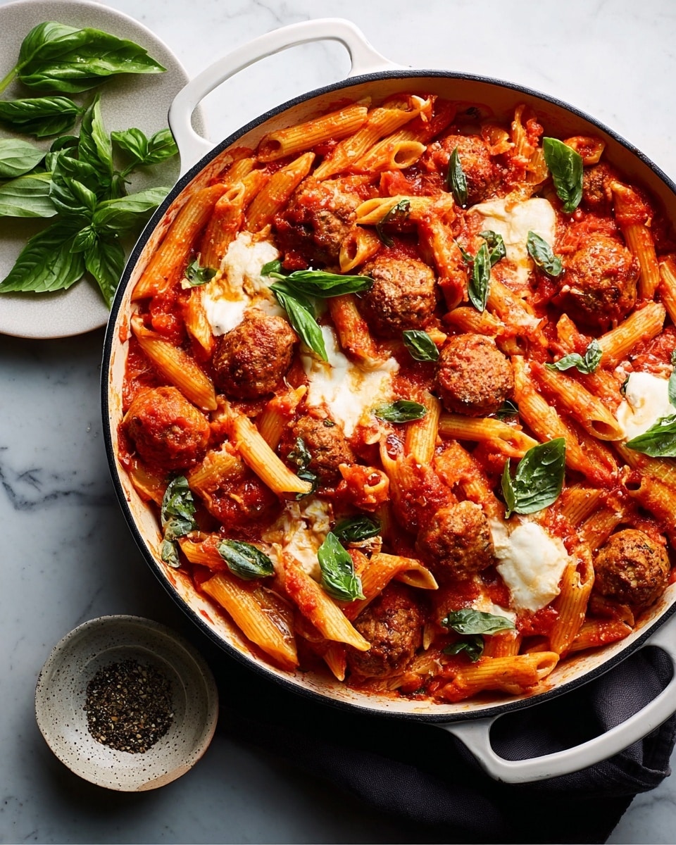 A white pan filled with cooked penne pasta mixed with bright red tomato sauce, scattered with round brown meatballs and soft white melted cheese chunks. Fresh green basil leaves are spread on top, adding a lively color contrast. The dish shows a mix of smooth pasta, chunky sauce, and slightly browned cheese textures, all sitting on a white marbled surface. Nearby are a white plate with fresh basil leaves and a small bowl containing black pepper. Photo taken with an iphone --ar 4:5 --v 7