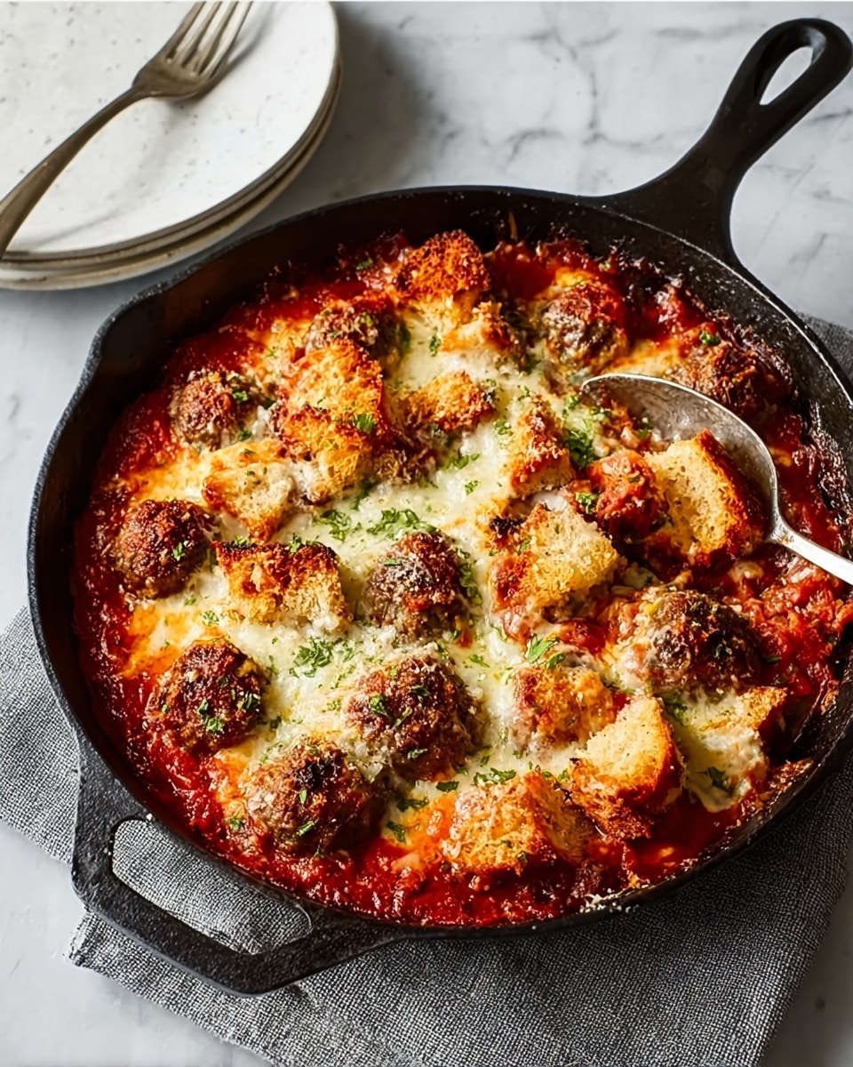 A black cast iron skillet filled with a baked dish showing three main layers: the base is a thick red tomato sauce with visible chunks, topped with browned meatballs and baked golden-brown melted cheese, and scattered pieces of torn bread that are slightly toasted and mixed throughout the top, all under soft natural light on a white marbled surface with a gray cloth underneath the skillet, next to a white plate with a fork and a spoon resting inside the skillet. Photo taken with an iphone --ar 4:5 --v 7