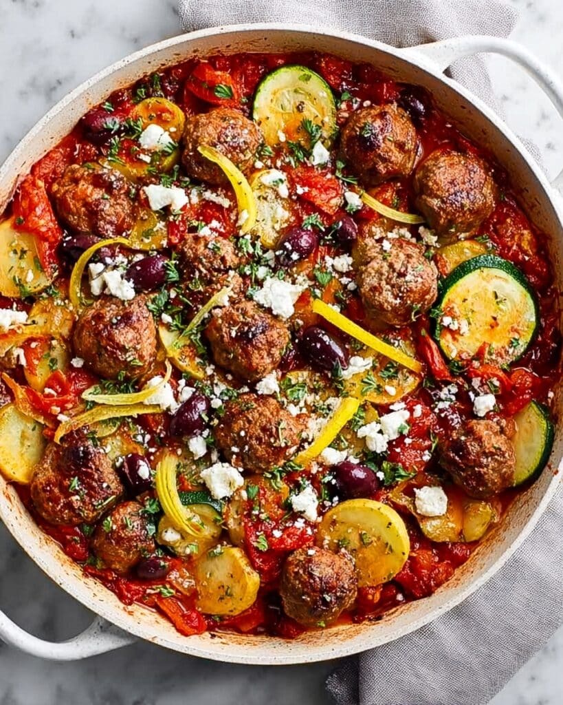 Greek Lamb Meatball Stew with Chargrilled Vegetables and Feta Recipe