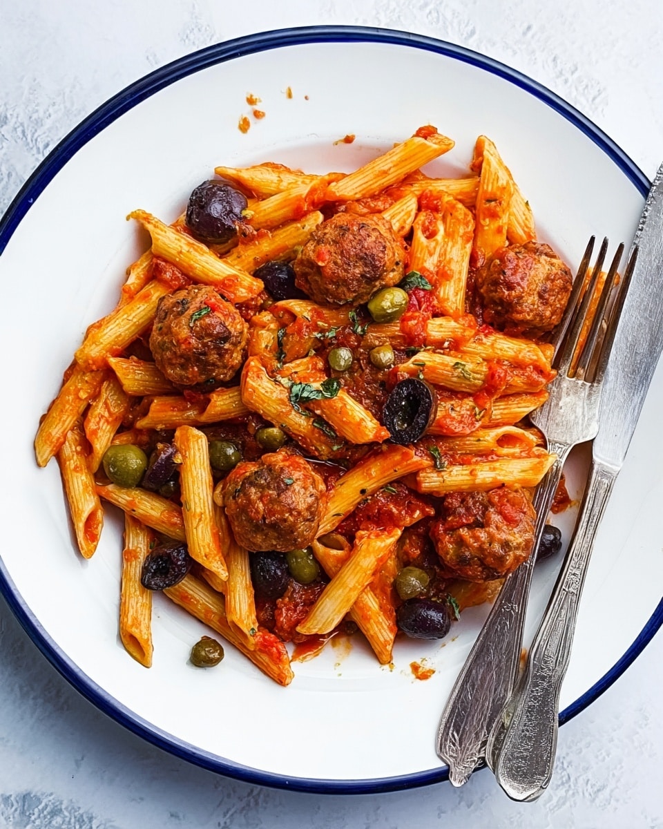 A white plate with a blue rim holds a serving of penne pasta mixed with small round meatballs. The pasta is coated in a rich red tomato sauce, with scattered black olives and small green capers throughout. The dish looks hearty with the saucy texture glistening on the pasta and meatballs. To the right of the plate, a silver fork and knife rest on the white marbled surface. photo taken with an iphone --ar 4:5 --v 7