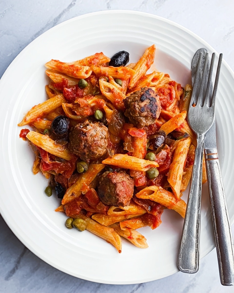 A white plate shows a serving of penne pasta mixed with small round meatballs and sliced black olives. The pasta is covered in a thick red tomato sauce with a slightly chunky texture. The meatballs are browned and sit on top and within the pasta layers. Small bits of green capers are scattered throughout, adding a touch of color contrast. On the right side of the plate, a silver fork and knife rest neatly next to the food. The plate is placed on a white marbled surface. Photo taken with an iphone --ar 4:5 --v 7