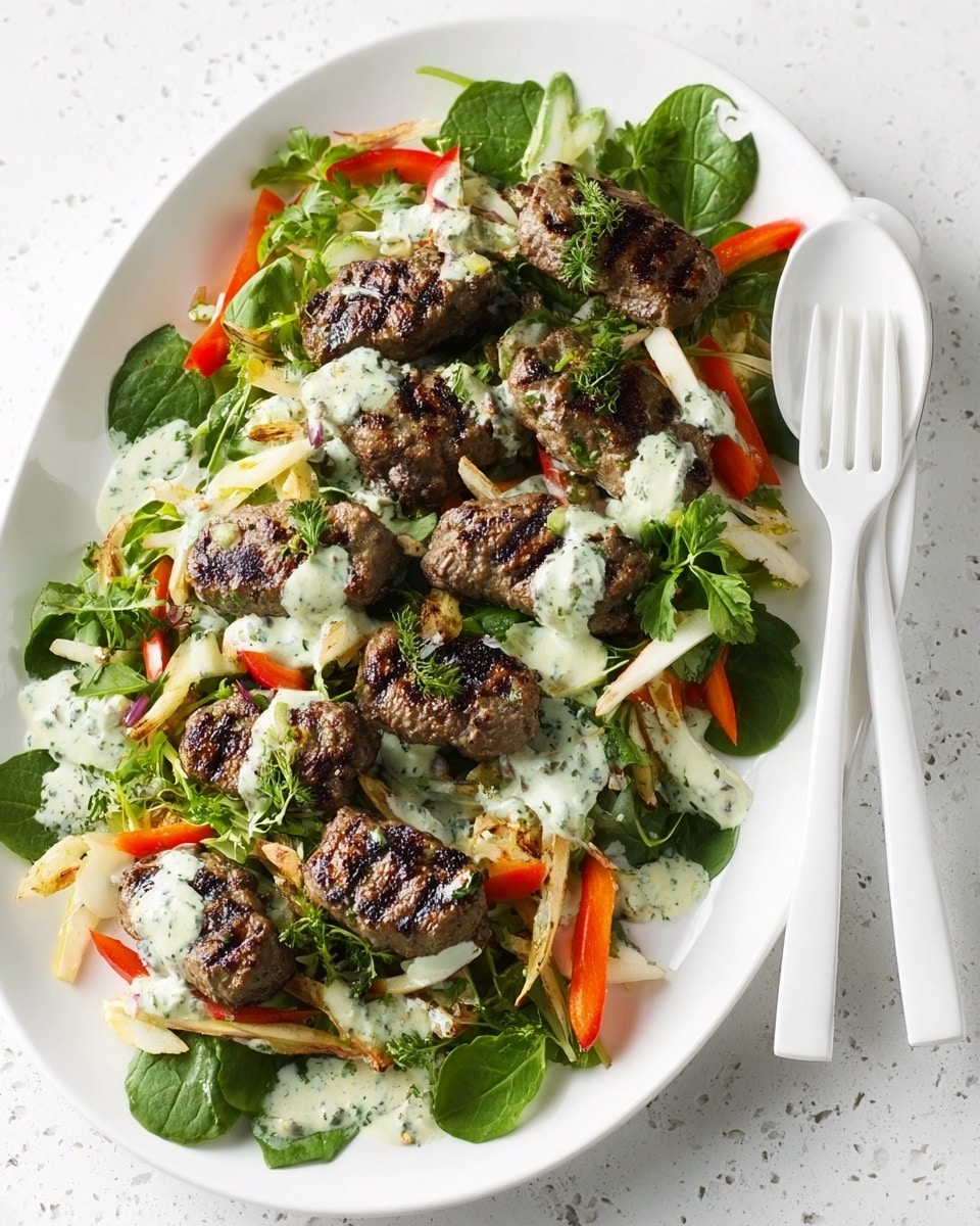 The dish shows a white oval plate on a white marbled texture background, filled with a colorful salad and grilled meat. There are six round pieces of grilled meat, dark brown with grill marks, spread evenly on top. Underneath, there is a mix of fresh green leaves and sliced vegetables in orange and white, adding brightness to the dish. A creamy white sauce with light green herbs is drizzled over the meat and salad. To the side of the plate, a white large spoon and fork are placed together. photo taken with an iphone --ar 4:5 --v 7