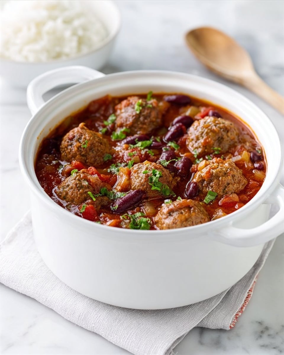 A white bowl filled with a rich stew featuring several meatballs sitting in a reddish-brown sauce mixed with kidney beans, diced tomatoes, and onions. The stew is topped with small bits of chopped green herbs scattered across the surface. The bowl is placed on a white marbled surface with a white wooden spoon resting in the background and a white bowl of rice in soft focus behind it. Photo taken with an iphone --ar 4:5 --v 7