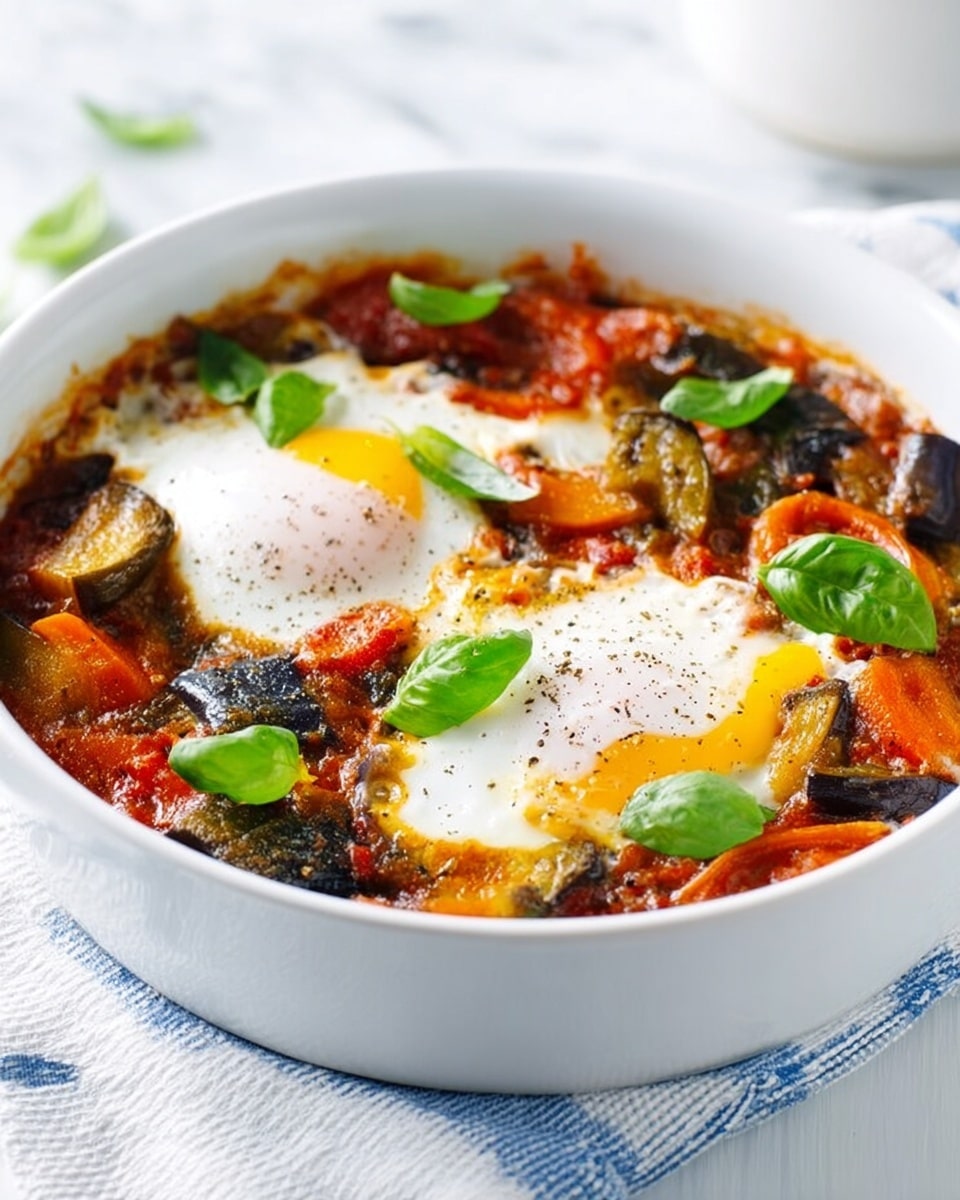 A white bowl holds a colorful shakshuka dish with visible layers: at the bottom is a rich red tomato sauce mixed with chunks of cooked eggplant in dark purple and orange slices of cooked carrots, topped with bright white cooked eggs with soft yellow yolks. Fresh green basil leaves are scattered on top for a fresh look, and some black pepper specks can be seen on the eggs. The bowl sits on a white and blue striped cloth with a white marbled surface in the background. photo taken with an iphone --ar 4:5 --v 7