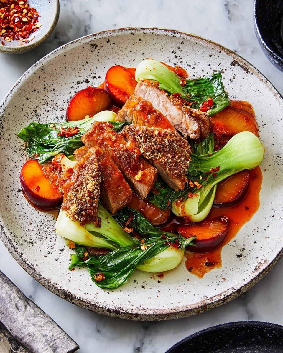 A rustic white speckled plate shows a dish with three layers: the bottom layer is baby bok choy with bright green leafy tops and pale green stems, arranged in the center; the middle layer consists of thick slices of cooked meat coated with a crunchy crust, positioned on top and around the bok choy; the top layer features sliced cooked red plums with a glossy red-orange sauce drizzled over the meat and fruit, adding a shiny texture. The plate rests on a white marbled surface with a small bowl of red chili flakes to the top left and a blurred black dish to bottom right. photo taken with an iphone --ar 4:5 --v 7