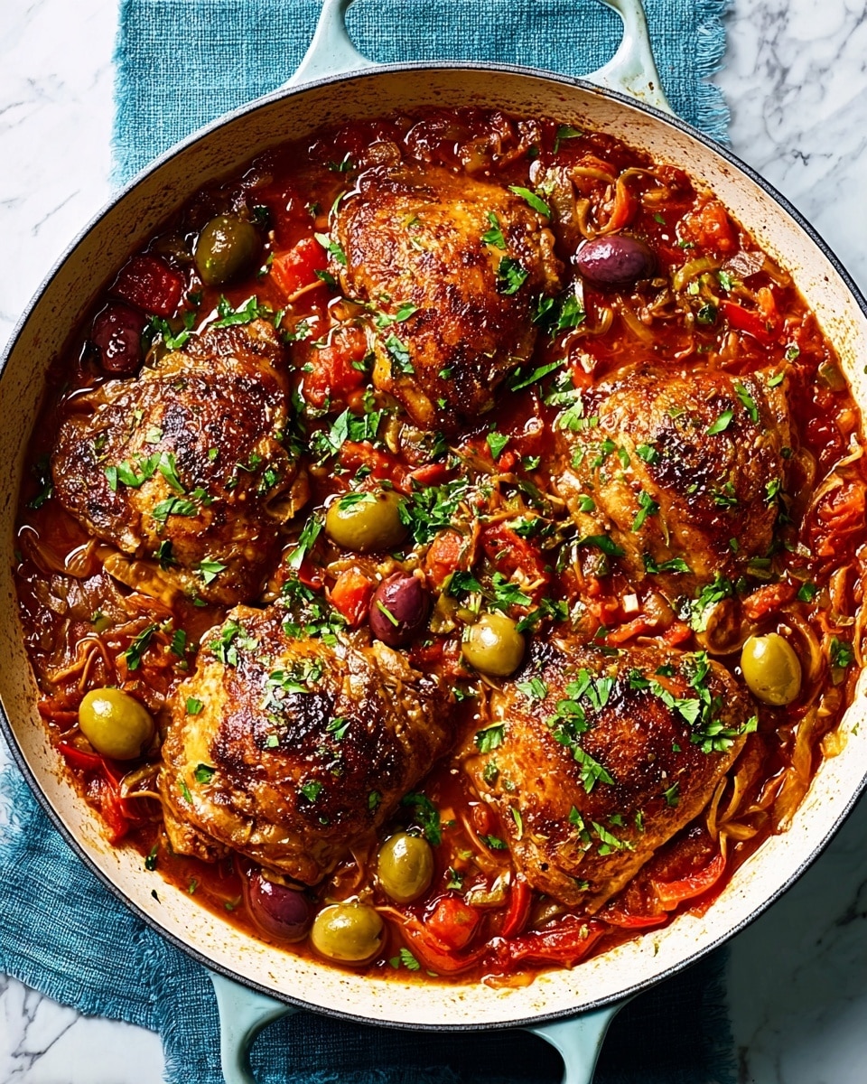 A round white pan filled with four browned chicken thighs sitting on a thick, rich sauce made of red tomatoes, green olives, and small pieces of onion and herbs. The sauce is chunky and covers the chicken almost halfway, with fresh green chopped herbs sprinkled on top. The pan is placed on a white marbled surface with a blue cloth next to it. The chicken skin looks crispy and golden while the sauce is shiny and colorful. photo taken with an iphone --ar 4:5 --v 7