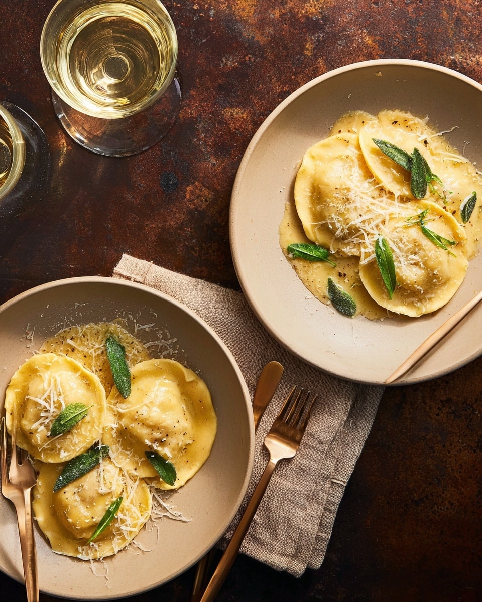 Two white plates hold four large round ravioli each, with a light golden color and smooth texture. The ravioli are covered with a shiny, golden-butter sauce and topped with small bright green sage leaves and finely shredded white cheese. The plates rest on rough beige cloths, all set on a dark rusty surface. Next to the bottom plate are two bronze forks, and nearby are two glasses of pale white wine, catching light reflections. photo taken with an iphone --ar 4:5 --v 7