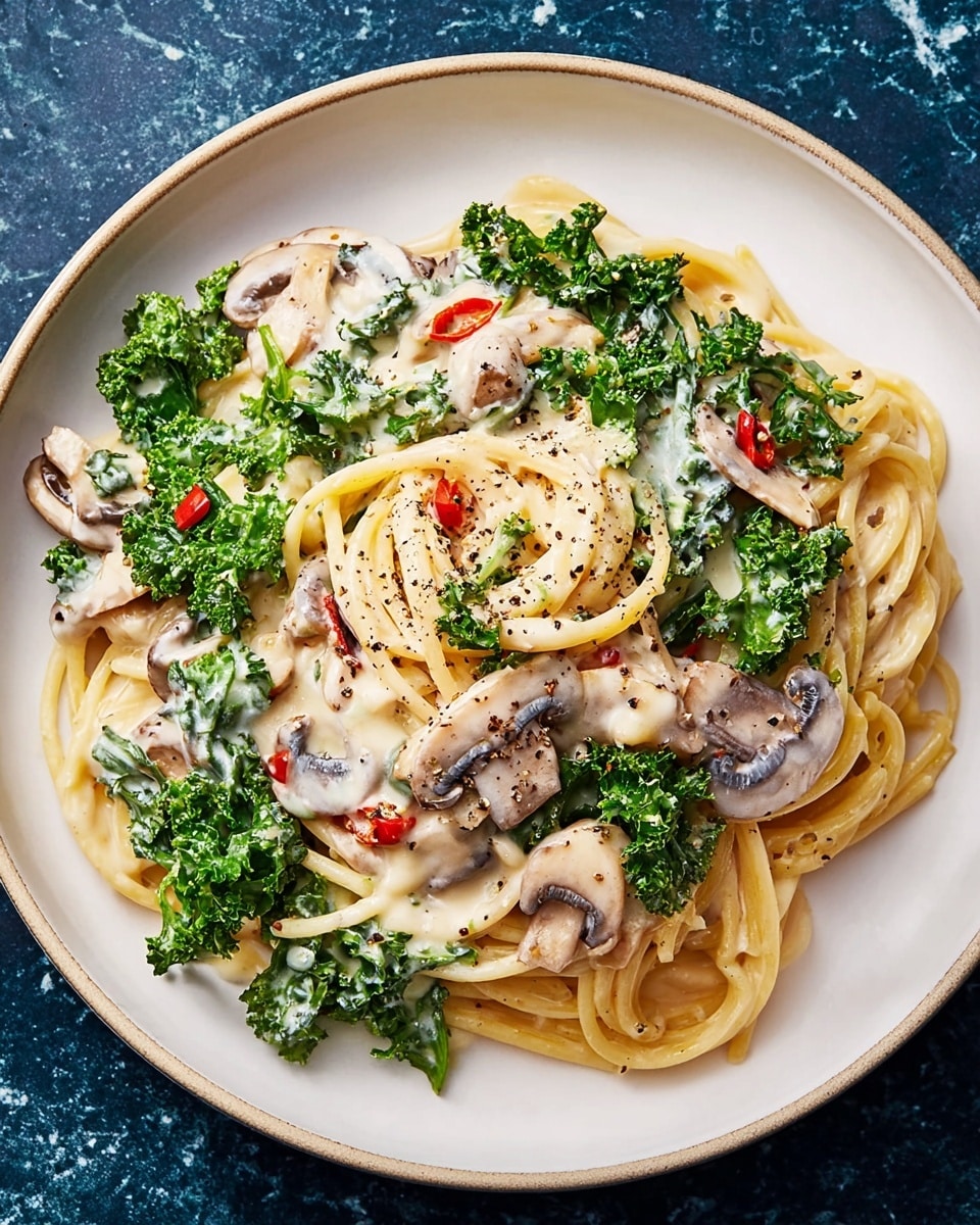 This image shows a close top view of a pasta dish served on a white plate with a greenish-blue texture. The dish has about three visible layers: the base layer is light yellow spaghetti noodles, topped with bright green kale leaves scattered evenly, followed by a creamy white sauce covering the noodles and greens. Mixed in are thin slices of brown mushrooms and small pieces of red chili peppers adding spots of color. The dish is lightly sprinkled with black pepper and placed on a white marbled surface. photo taken with an iphone --ar 4:5 --v 7