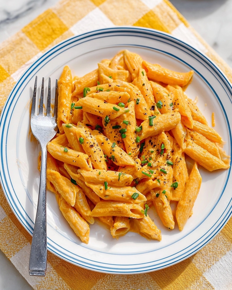 A white plate with a thin blue rim holds a single layer of penne pasta coated in a creamy orange sauce. The pasta is sprinkled with small green chive pieces and some black pepper. A fork rests on the left side of the plate, slightly inside the pasta. The plate sits on a yellow and white checkered cloth over a white marbled surface. photo taken with an iphone --ar 4:5 --v 7