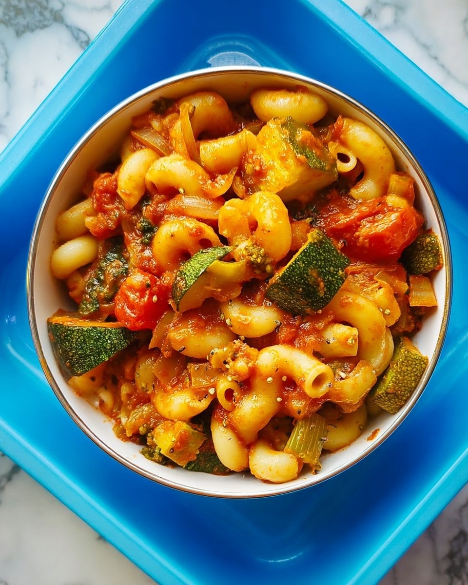 The image shows a close-up of a bowl filled with macaroni pasta mixed with chunky vegetables and tomato sauce. The pasta is pale yellow and curved, layered with pieces of green broccoli, green zucchini cubes, red tomato chunks, and some diced yellow and green vegetables, all coated in a rich orange-red tomato sauce with small bits of herbs or seasoning visible. The bowl itself is white and placed inside a bright blue square container. The background features a white marbled texture. photo taken with an iphone --ar 4:5 --v 7