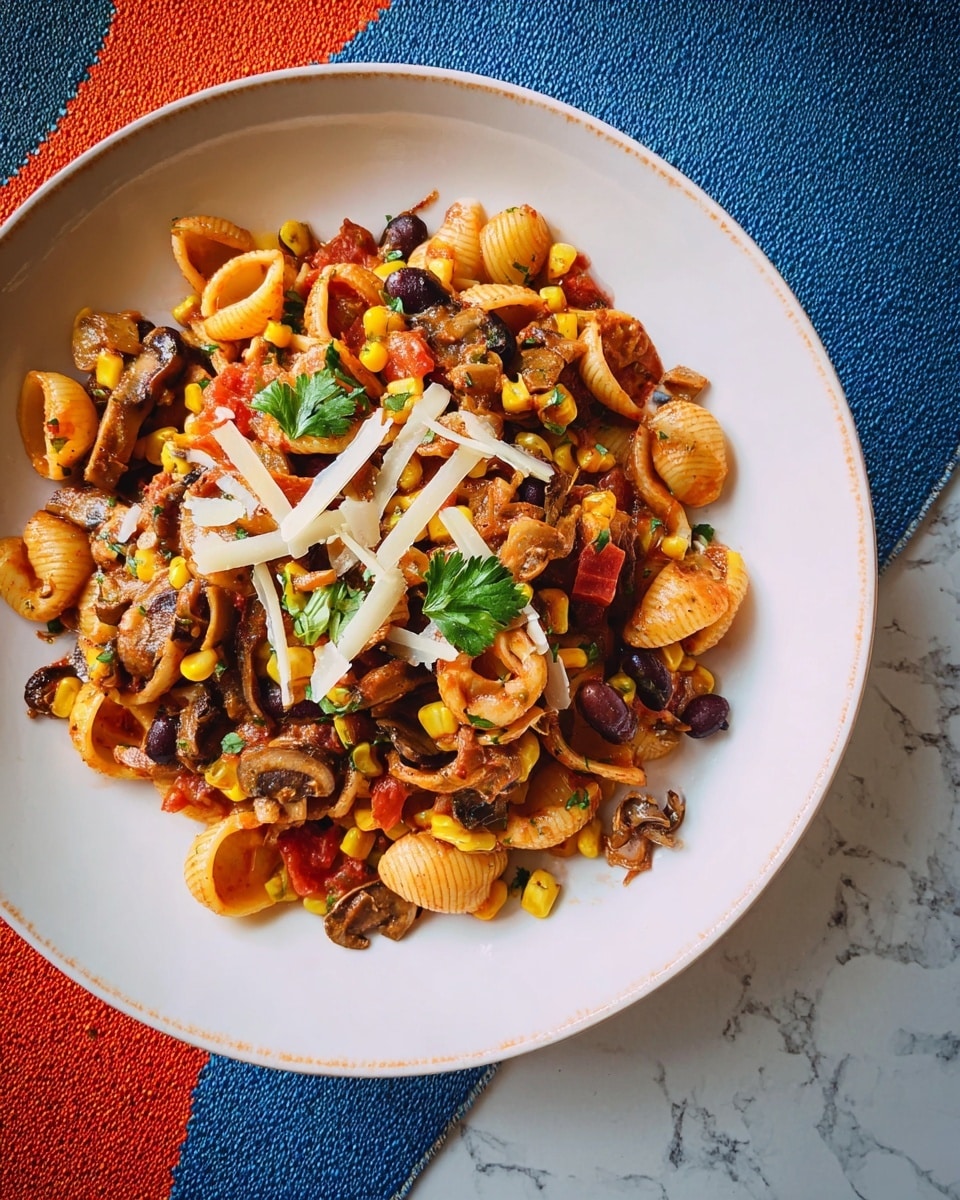 The dish is a colorful pasta served on a white plate, filled with small shell pasta mixed with bright yellow corn, dark brown beans, chunks of red tomatoes, and pieces of brown mushrooms. The pasta is coated in a reddish sauce and topped with a few green parsley leaves and thin strips of white cheese. The textures include soft pasta, tender mushrooms, and crunchy corn, all arranged together in a casual, mixed style. The plate sits on a white marbled surface. photo taken with an iphone --ar 4:5 --v 7