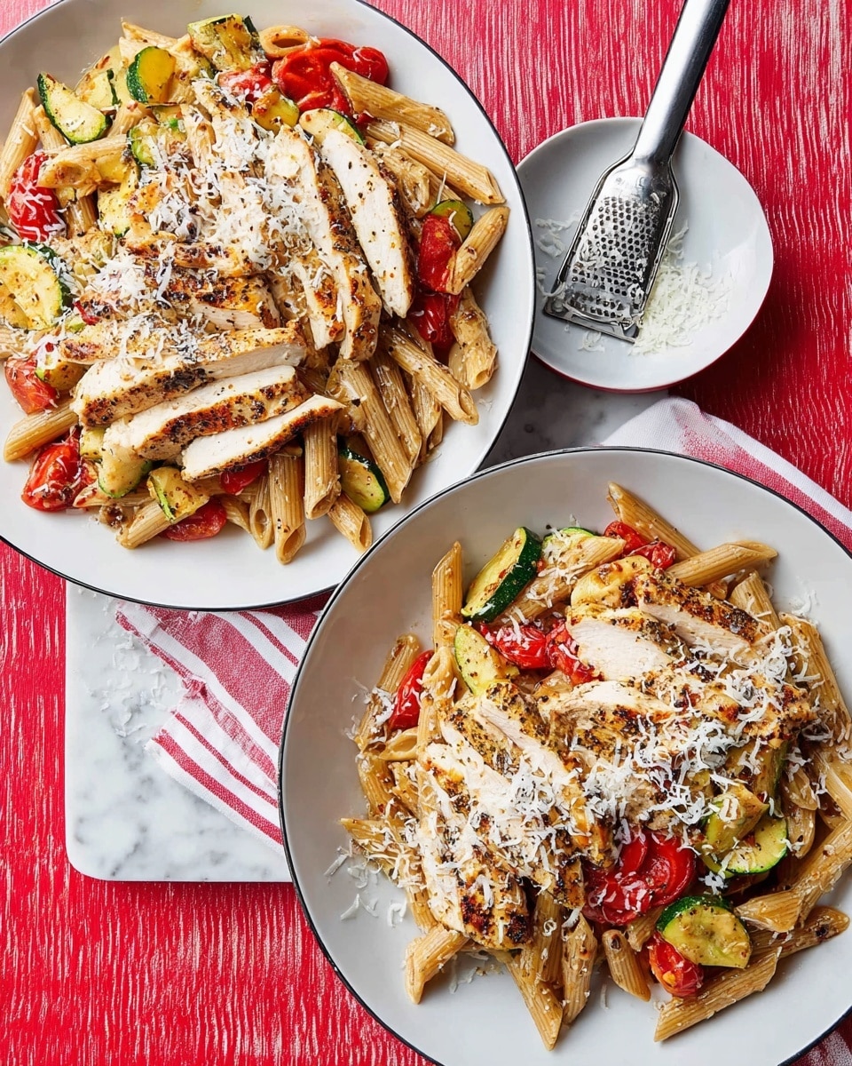 Two white plates hold a layered dish with penne pasta as the bottom layer, light brown in color, mixed with cooked vegetables including green zucchini slices and red cherry tomatoes. On top of the pasta and vegetables, there is a layer of grilled chicken breast slices, white with golden-brown grill marks and a slightly crispy texture. The whole dish is sprinkled with finely grated cheese, white and fluffy, scattered unevenly on top. The plates rest on a white marbled textured surface with a red and white striped cloth napkin partially visible between them, and a small grater with cheese on a white plate is nearby. Photo taken with an iphone --ar 4:5 --v 7