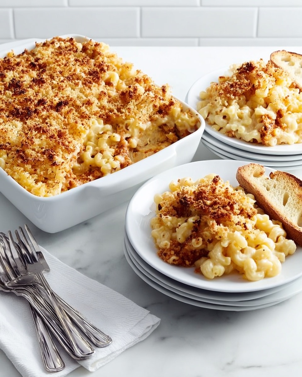The image shows a white rectangular baking dish filled with a layered casserole. The top layer is golden brown and crispy, made of baked pasta with browned spots. Inside, there are softer layers of cooked pasta mixed with a light-colored filling possibly chicken or tuna. To the side, there are three white plates stacked with a portion of the casserole served on the top plate, along with a slice of light brown bread. The plates sit on a white marbled surface, next to a folded white napkin holding several silver forks. The overall look is warm and inviting, emphasizing the baked texture on top and the soft layers inside. photo taken with an iphone --ar 4:5 --v 7