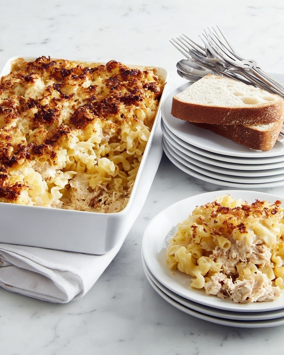 A large white rectangular baking dish is filled with a baked pasta casserole topped with golden-brown, crispy macaroni and cheese crust. Next to it, there are stacked white plates showing a serving of the casserole with creamy pasta, tomato meat sauce underneath, and a golden crumbly top layer. A piece of toasted garlic bread rests alongside the pasta on the plate. In front of the plates, on a white napkin, are several shiny silver forks neatly placed. The whole setting is on a white marbled surface. Photo taken with an iphone --ar 4:5 --v 7