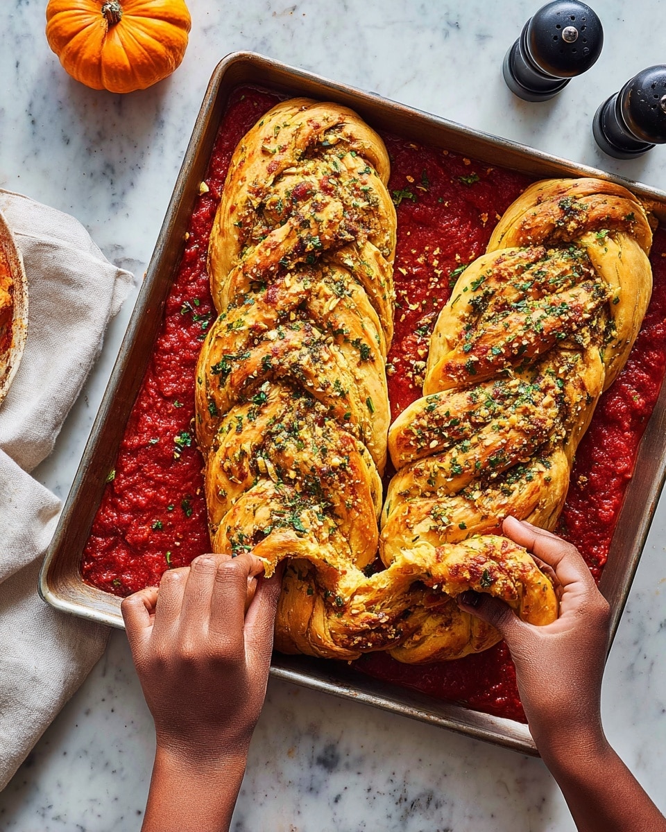 A large rectangular metal baking tray holds a twisted, golden-brown baked dough with a slightly crispy texture, sprinkled with chopped herbs and garlic bits on top. The dough lies on a thick, bright red tomato sauce spread evenly as the base layer inside the tray. Two dark-skinned hands, with one clearly a woman's hand, are pulling apart a piece from the long, twisted dough, showing a soft inside with some filling visible. The tray is placed on a white marbled surface, with a small orange pumpkin and two black pepper shakers nearby, along with a white cloth partially visible on the side. photo taken with an iphone --ar 4:5 --v 7