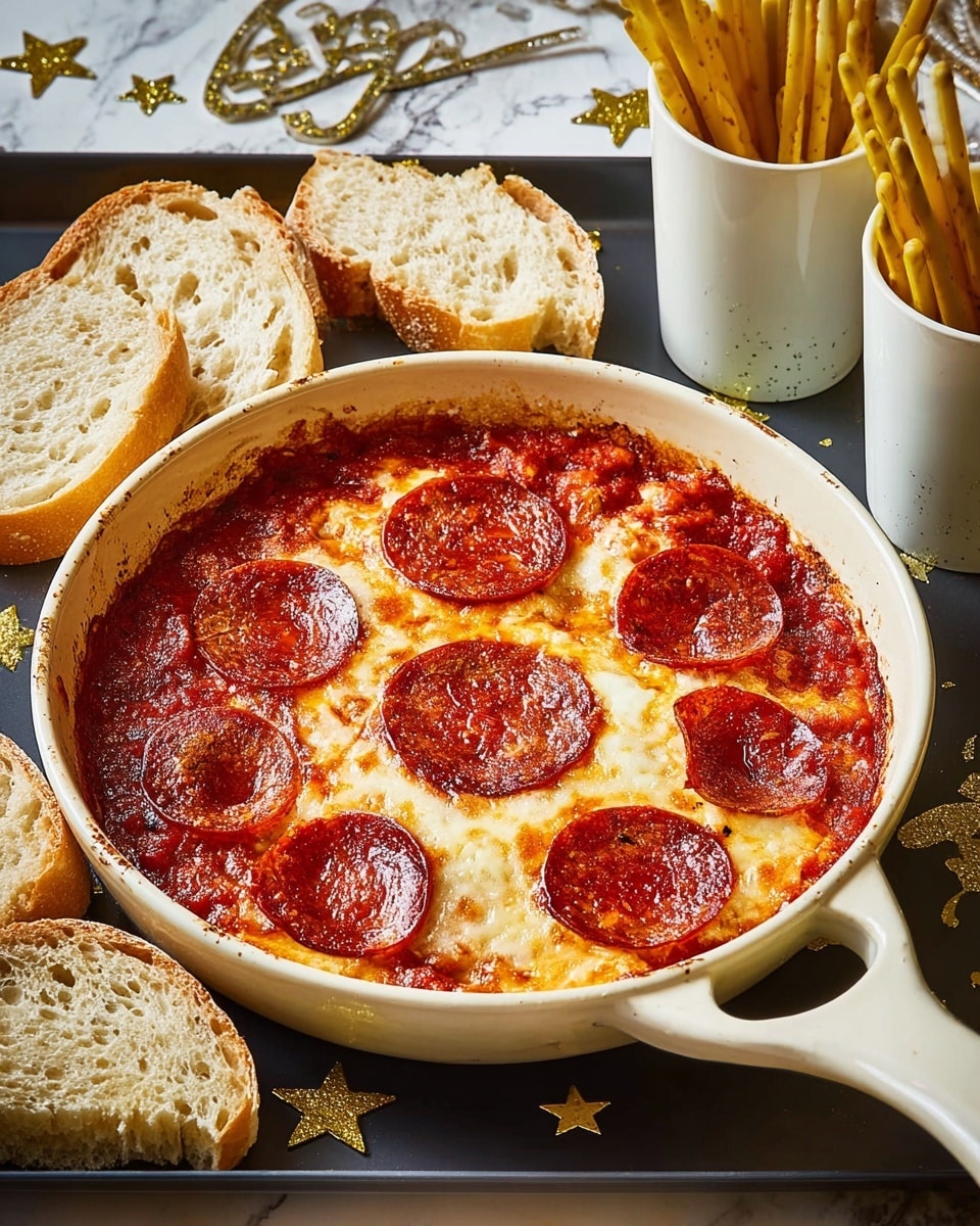 A white ceramic pan with a long handle holds a baked dish with a base layer of melted, golden-brown cheese mixed with rich red tomato sauce, topped with six large, evenly spaced round slices of pepperoni that have a slightly crisp, shiny texture and a deep reddish-brown color. Surrounding the pan on a dark tray are several pieces of rustic sliced bread with a light golden crust and soft, airy interior. In the background, there are two white glasses filled with yellow breadsticks. The whole setup is placed on a white marbled surface with some small gold star decorations around. Photo taken with an iphone --ar 4:5 --v 7