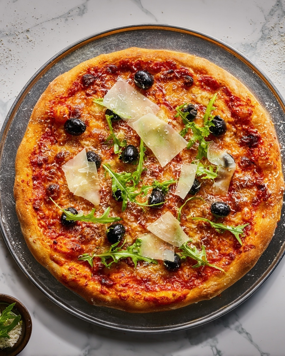 A round pizza with a thick golden-brown crust is placed on a round metal tray sitting on a white marbled surface. The pizza has a base layer of bright red tomato sauce topped with a thin layer of melted cheese that has patches of light browning. Scattered across the top are black olive slices and small green leafy arugula pieces. Large, uneven shavings of pale yellow cheese are spread over the pizza, adding texture and contrast. The surface is sprinkled lightly with grated cheese, enhancing the detail. photo taken with an iphone --ar 4:5 --v 7