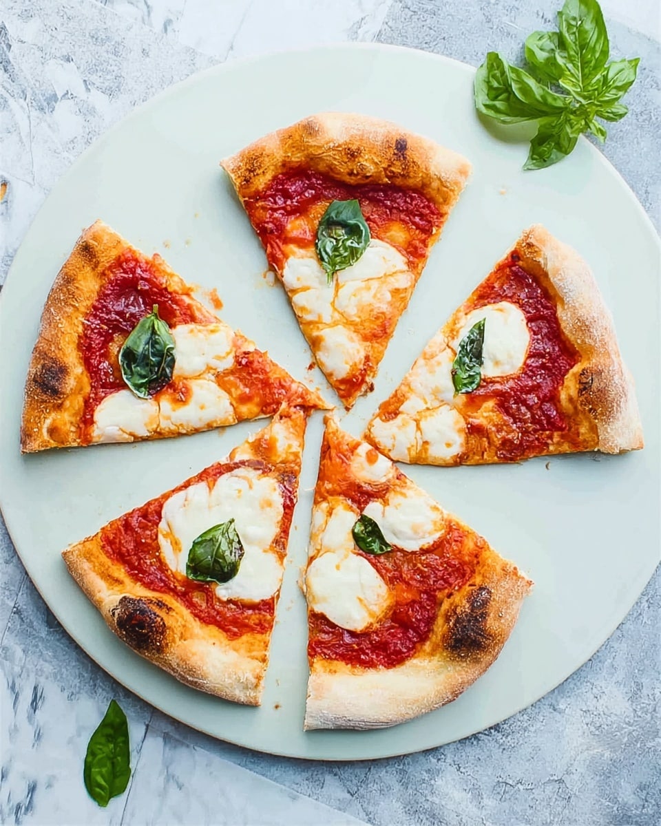 The image shows a white plate with six slices of pizza arranged in a circle, leaving a small empty space in the middle. The pizza crust is light golden brown with slightly charred edges. The first layer is bright red tomato sauce spread evenly over the pizza base. The second layer consists of melted mozzarella cheese patches in creamy white with slightly toasted spots. Fresh green basil leaves are scattered on top of the cheese, adding a pop of color. The plate is set on a white marbled surface, and a few extra basil leaves sit near the top right of the plate. Photo taken with an iphone --ar 4:5 --v 7