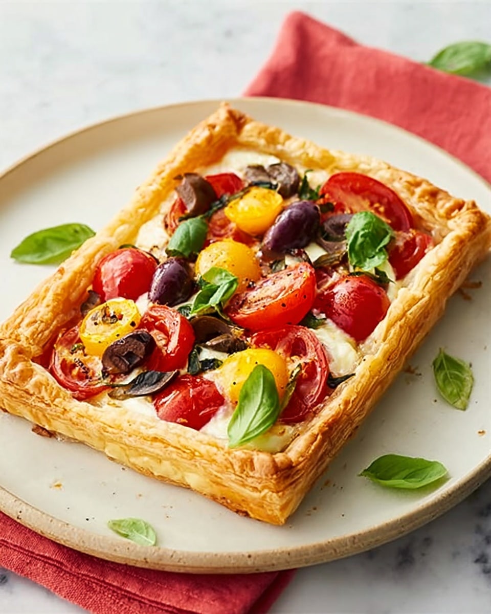 A square puff pastry tart with golden, flaky edges forms the base, topped with layers of melted white cheese, bright red cherry tomato slices, dark purple olive slices, small green basil leaves, and pieces of yellow and red bell peppers. The tart is placed on a white plate with a red cloth napkin beside it, all set on a white marbled surface. photo taken with an iphone --ar 4:5 --v 7