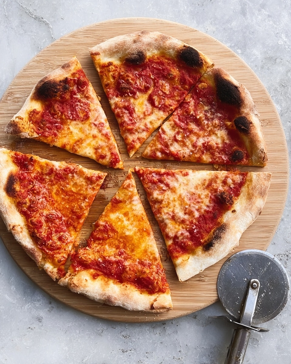 The image shows a round pizza with five slices on a light wooden pizza board placed on a white marbled textured surface. The pizza has a golden-brown crust with some charred spots around the edges. The top layer is melted cheese, covering a layer of bright red tomato sauce underneath, which peeks through in places. The crust is thick and slightly puffy with a soft texture. To the right of the board, there is a metal pizza cutter with a round blade resting on the white marbled surface. photo taken with an iphone --ar 4:5 --v 7