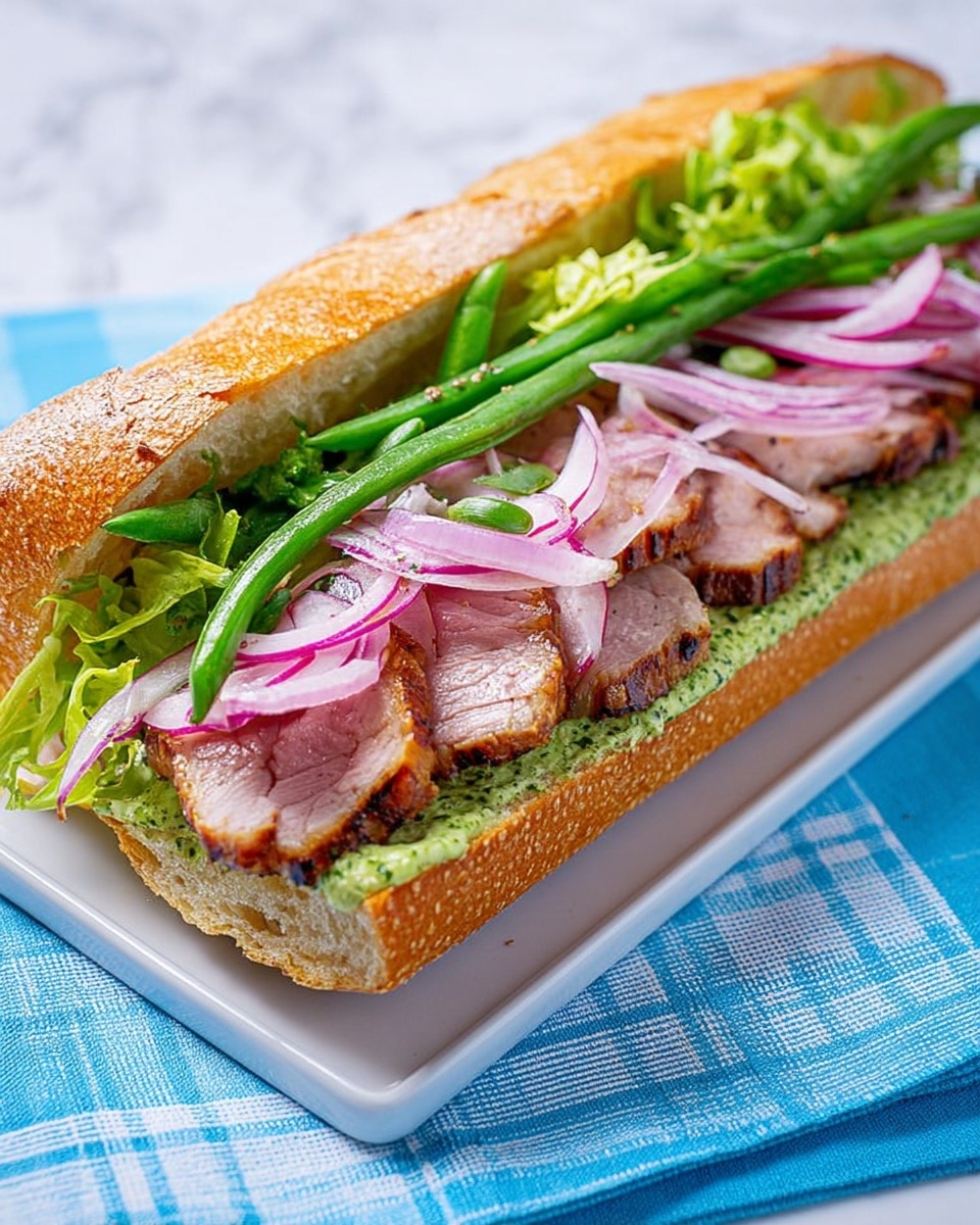 A long sandwich on a crusty, golden brown baguette cut open. The first layer is a spread of light green sauce on the bottom bread. On top of that are several slices of cooked meat with a slightly pink center and browned edges. Above the meat are fresh, bright green lettuce leaves and long green beans. The top layer shows thin, vibrant pink and white slices of onion. The sandwich rests on a white rectangular plate placed on a blue and white checkered cloth over a white marbled surface. photo taken with an iphone --ar 4:5 --v 7